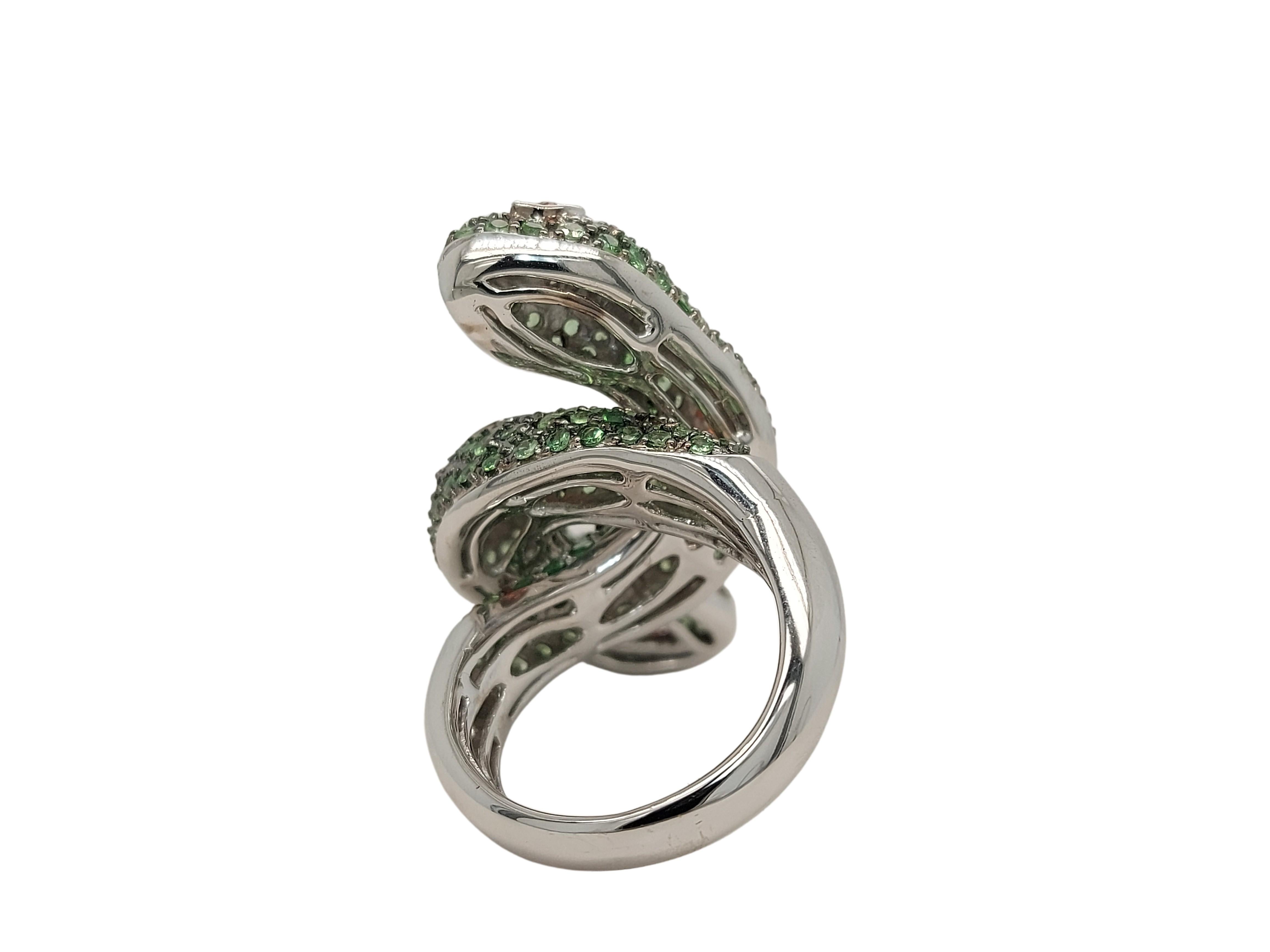 Artisan Gorgeous 18kt White Gold Double Snake Ring Set with Diamonds & Precious Stones For Sale