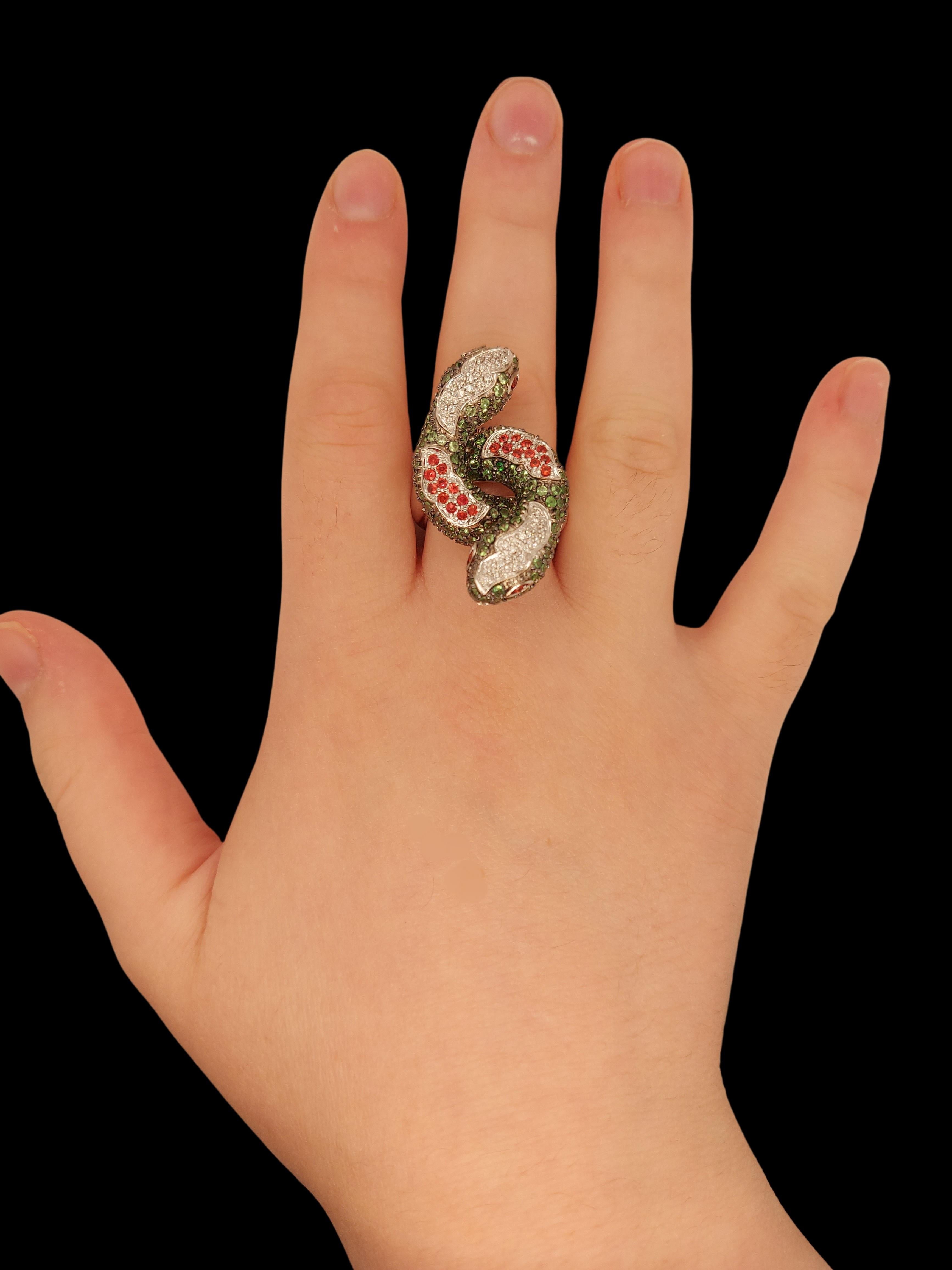 Brilliant Cut Gorgeous 18kt White Gold Double Snake Ring Set with Diamonds & Precious Stones For Sale
