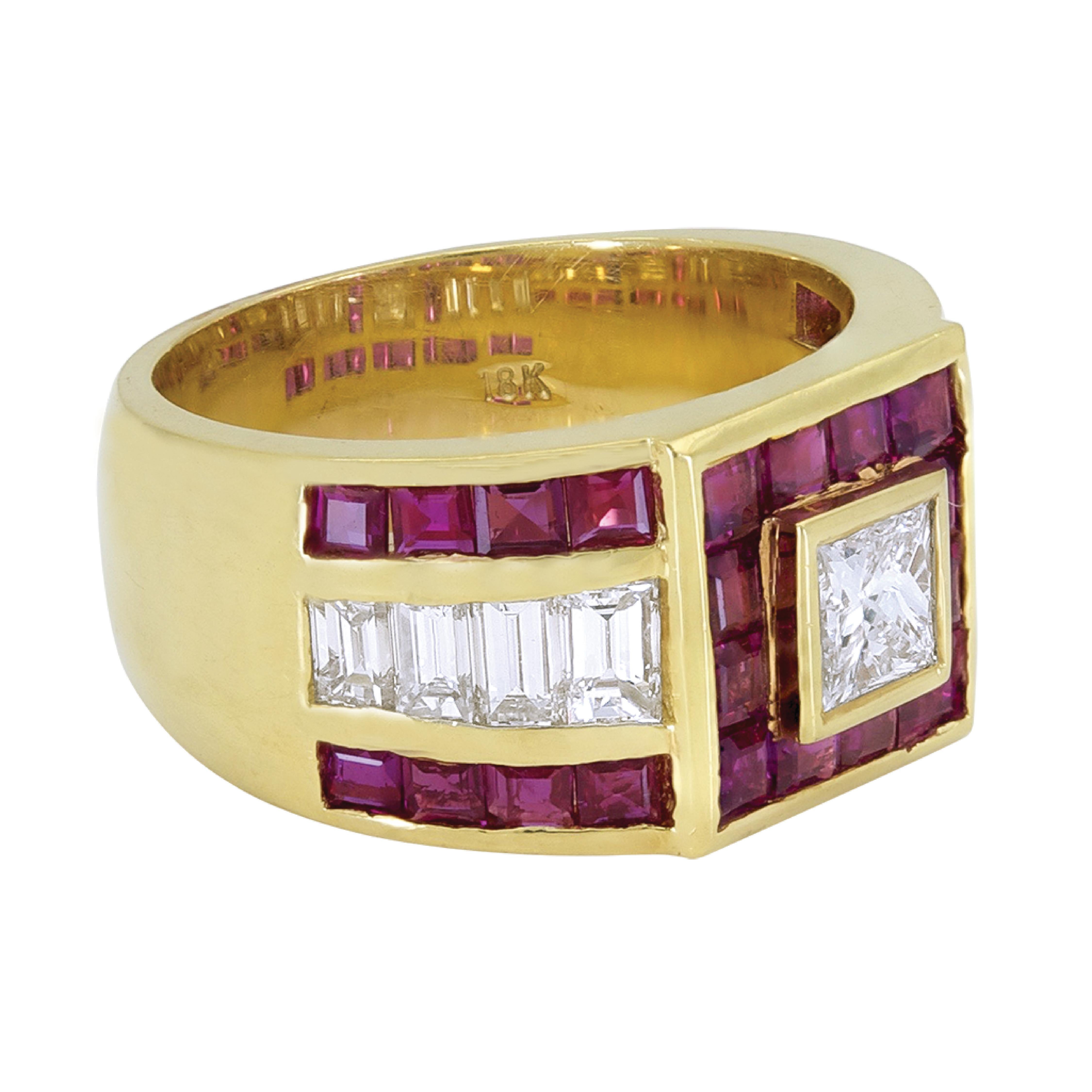 Art Deco Sophia D, 1.20 Carat Yellow Gold Diamond and Ruby Dome Ring For Sale