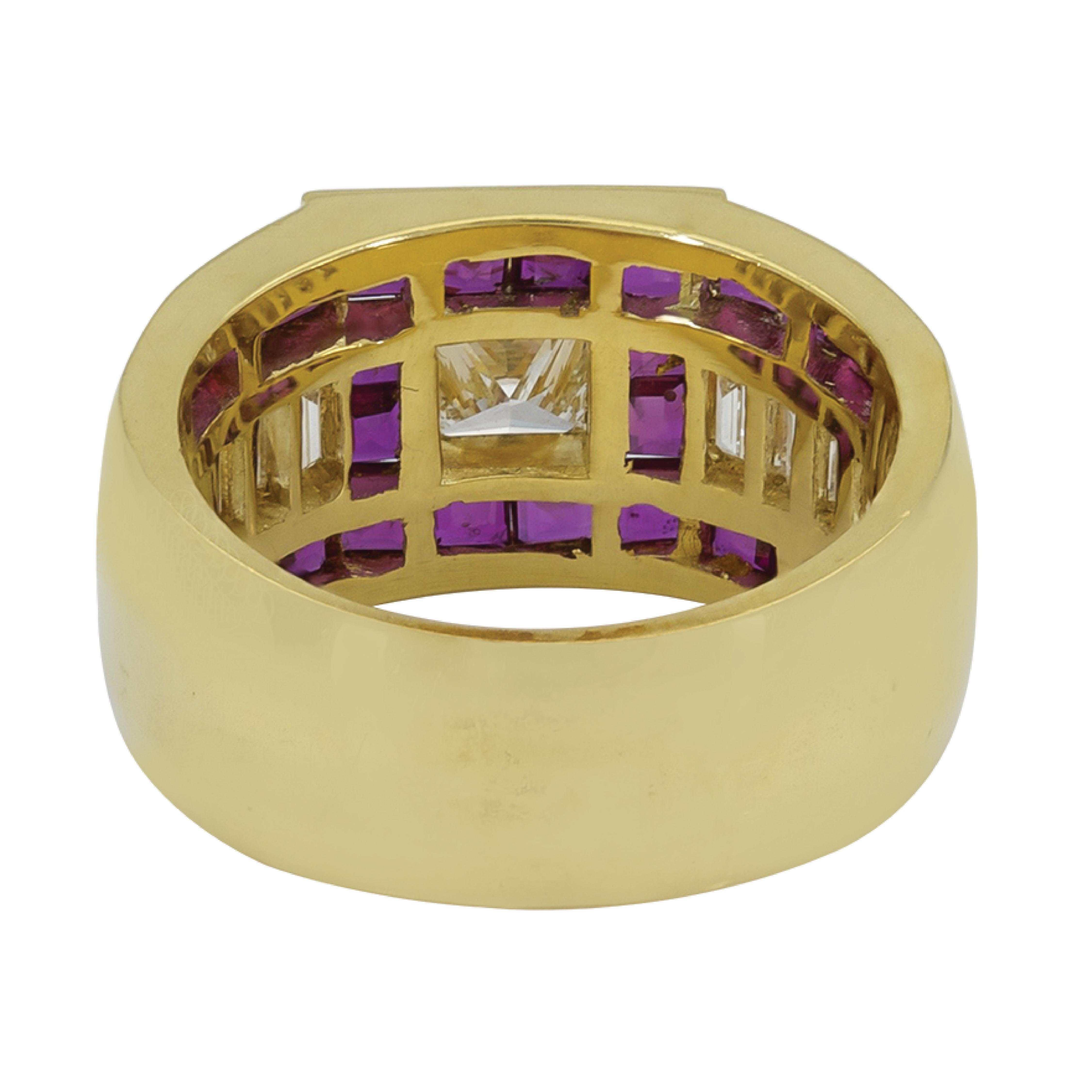 Princess Cut Sophia D, 1.20 Carat Yellow Gold Diamond and Ruby Dome Ring For Sale