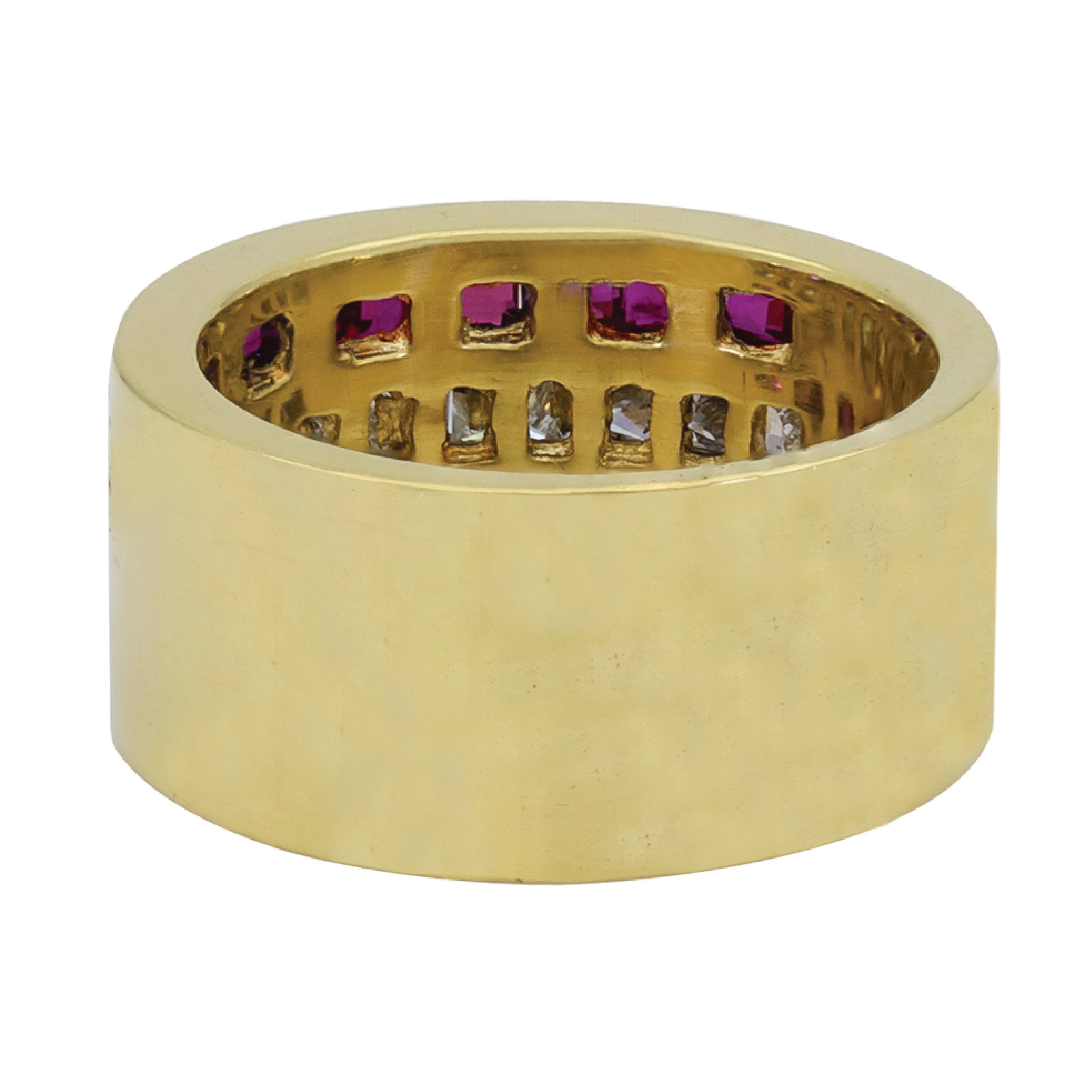 French Cut Sophia D, 1.61 Carat Yellow Gold Diamond and Ruby Dome Ring For Sale