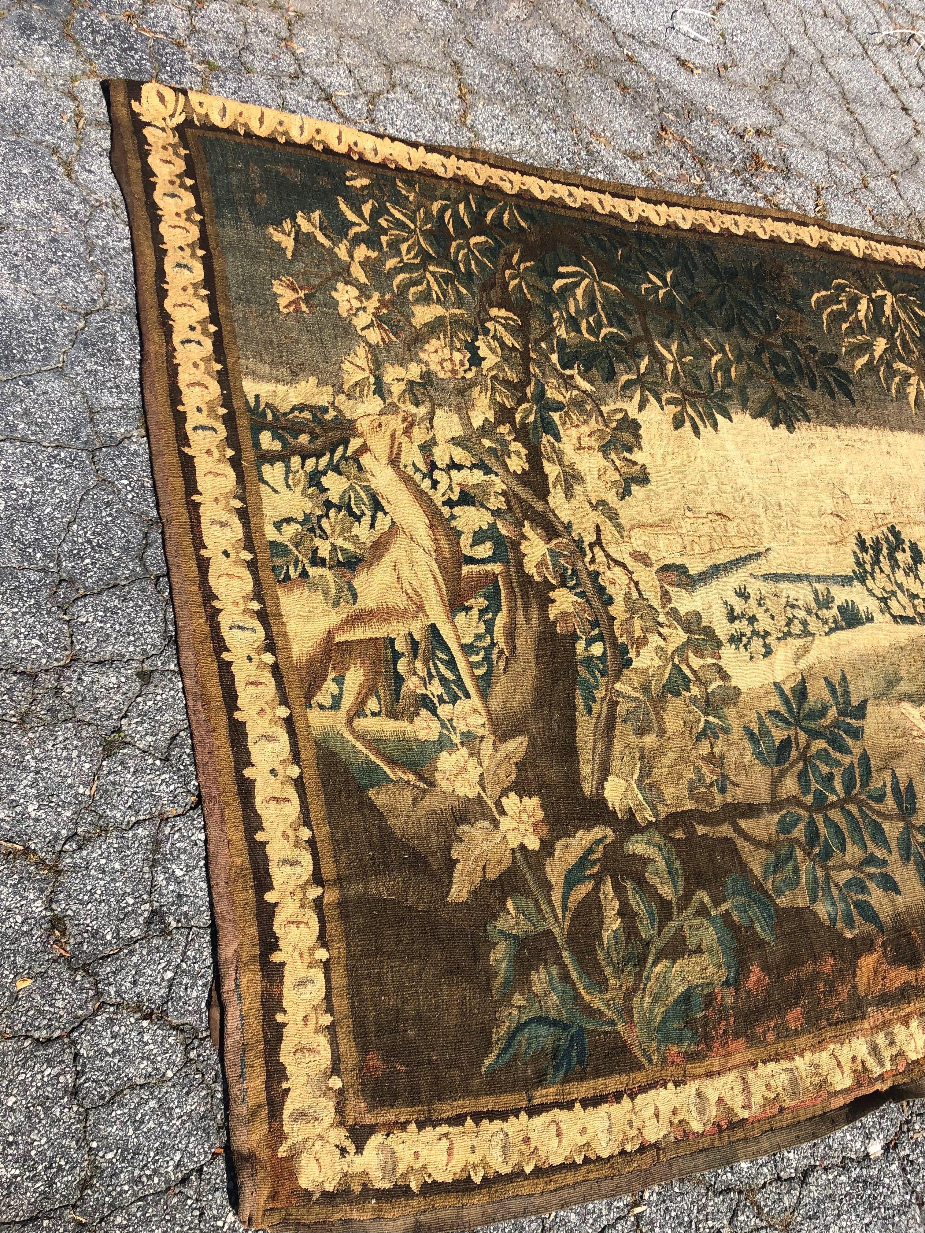 Gorgeous 18th Century French Aubusson Tapestry of Dogs Hunting A Stag In Good Condition In Charleston, SC