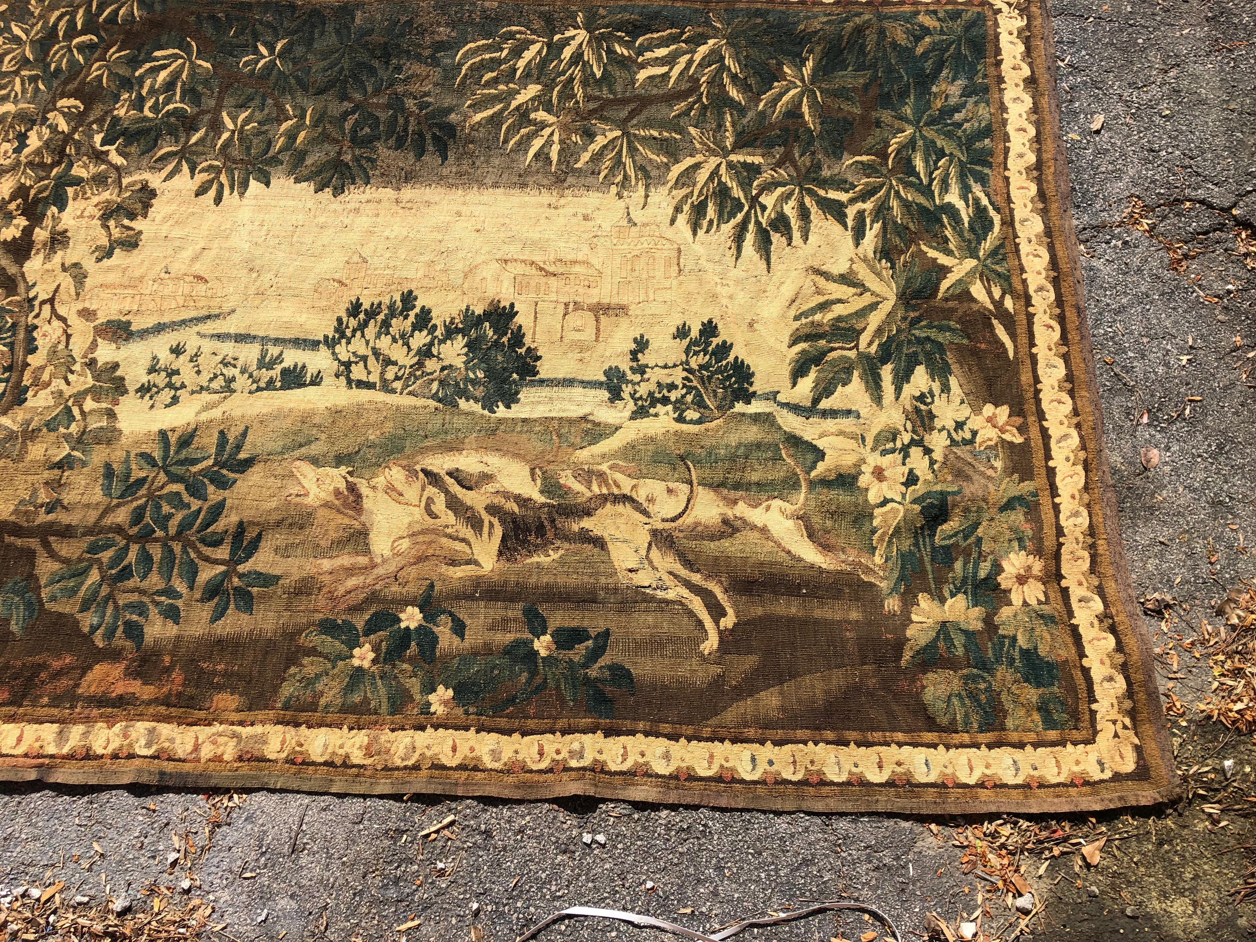 Gorgeous 18th Century French Aubusson Tapestry of Dogs Hunting A Stag 1
