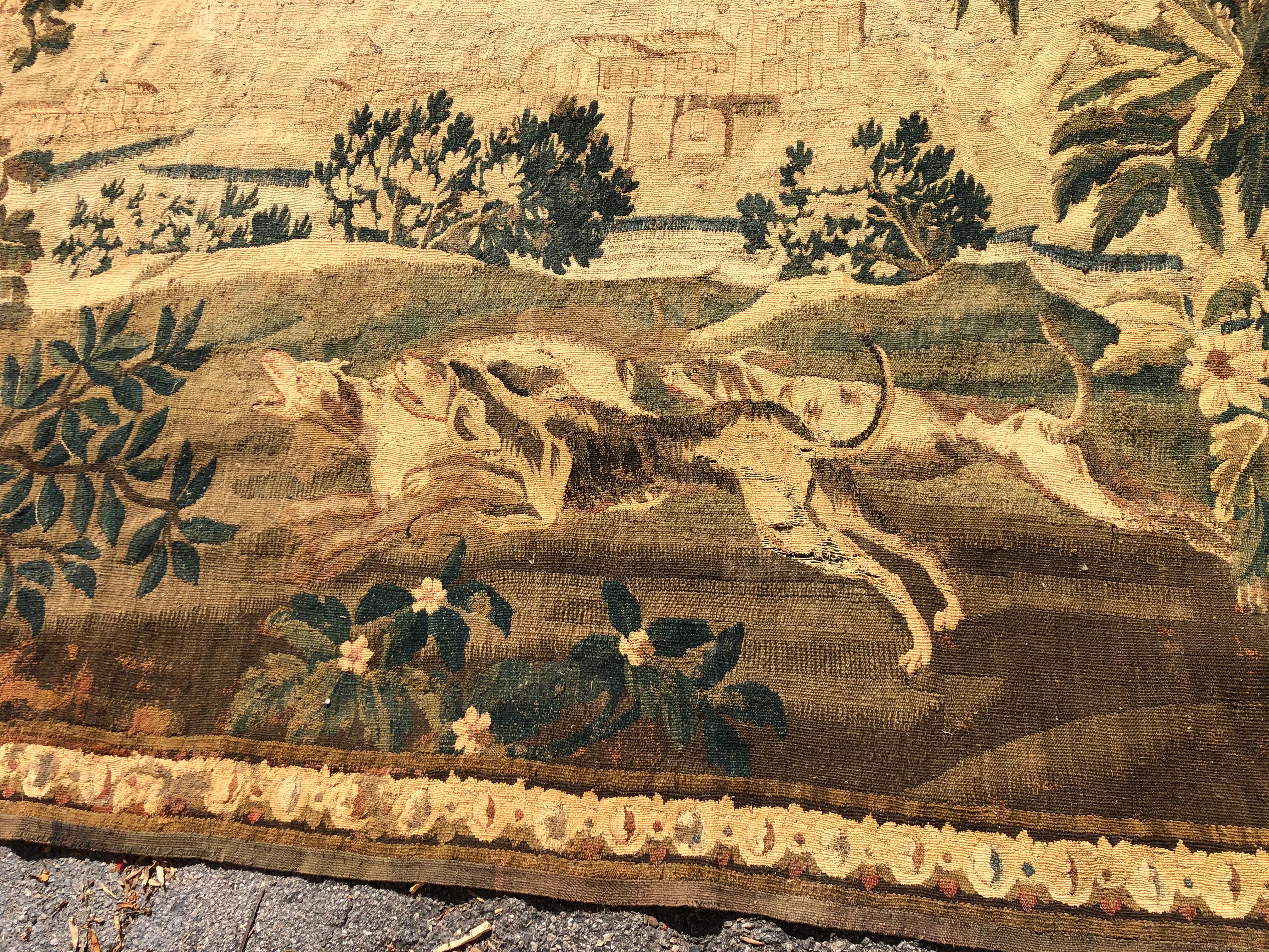 Gorgeous 18th Century French Aubusson Tapestry of Dogs Hunting A Stag 5