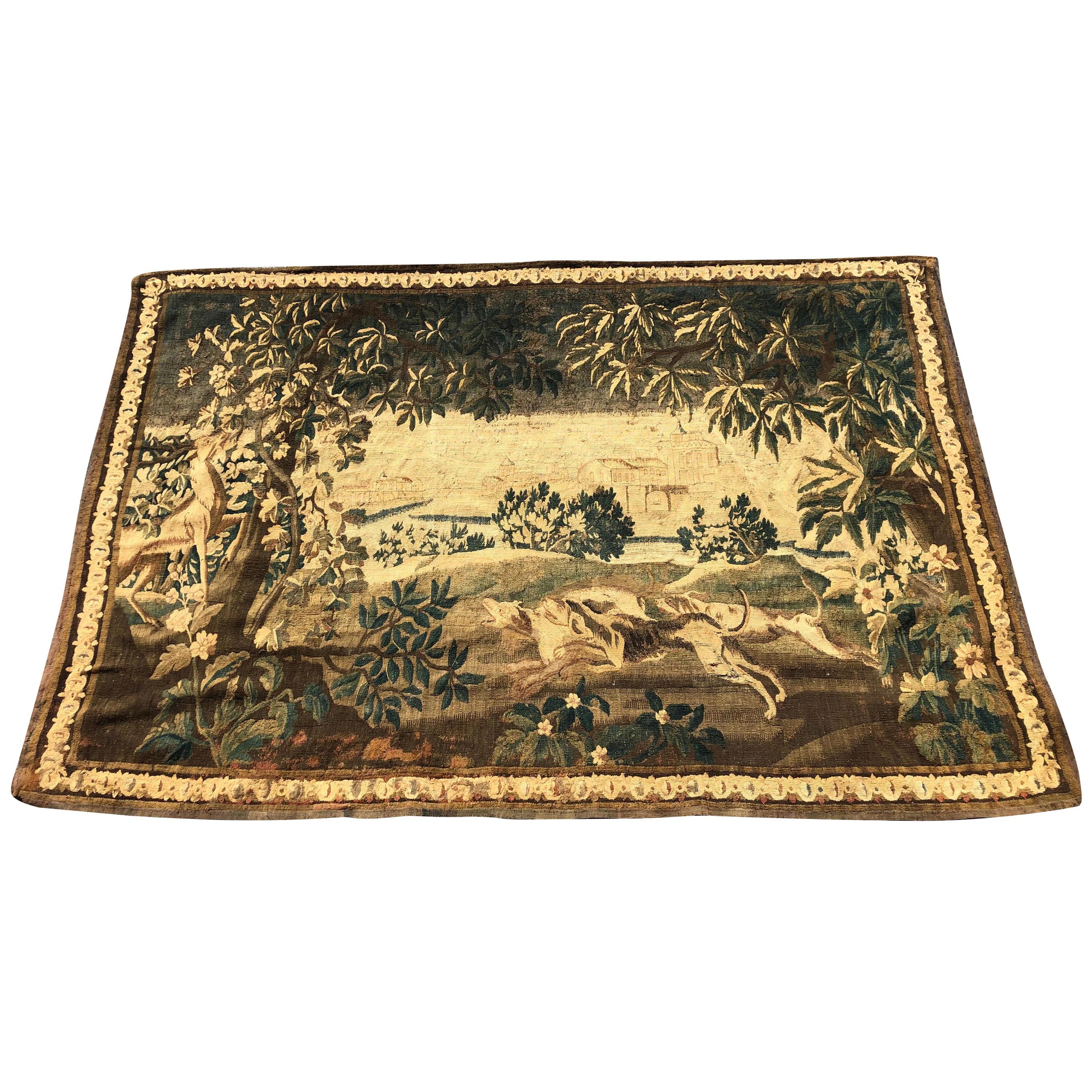 Gorgeous 18th Century French Aubusson Tapestry of Dogs Hunting A Stag