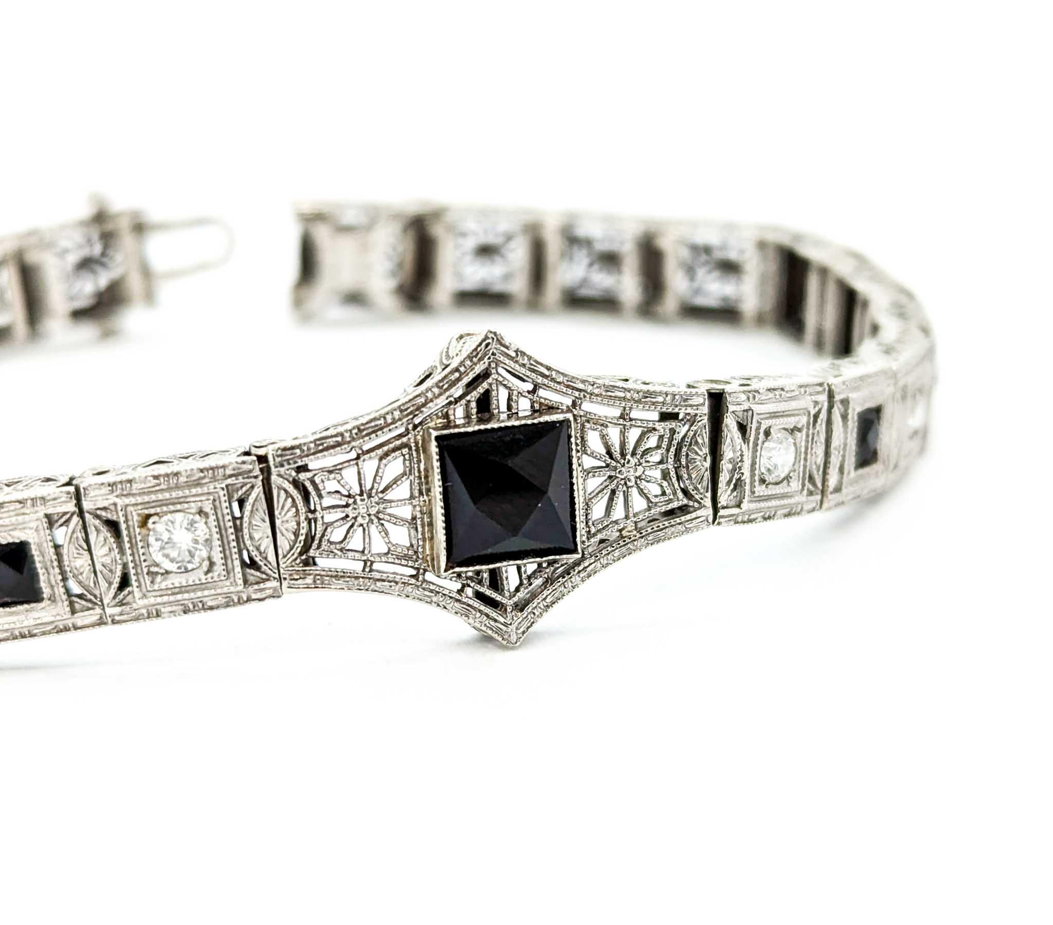 Gorgeous 1920s Art Deco Onyx & Diamond Filigree Bracelet in White Gold 5