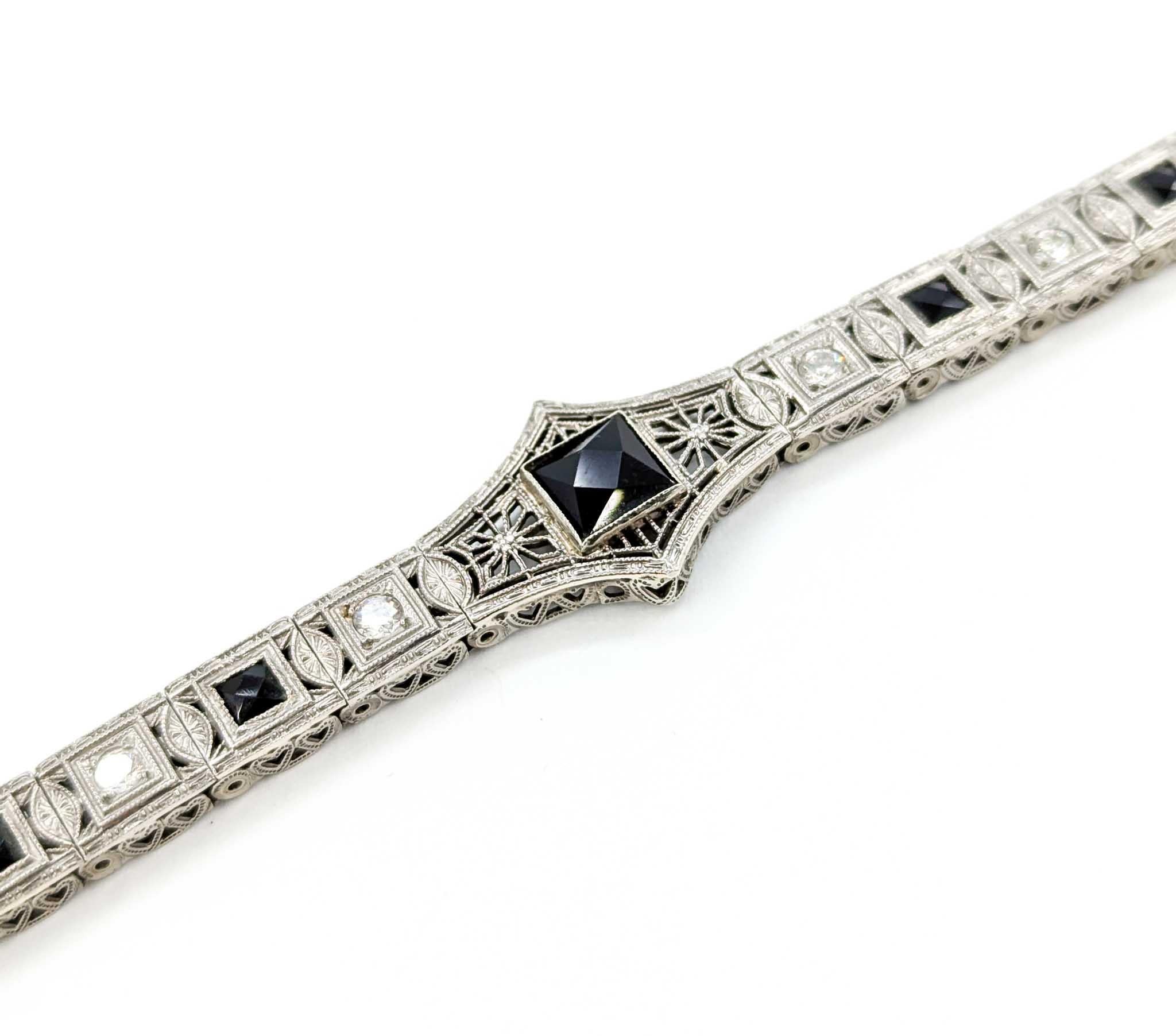 Gorgeous 1920s Art Deco Onyx & Diamond Filigree Bracelet in White Gold 7