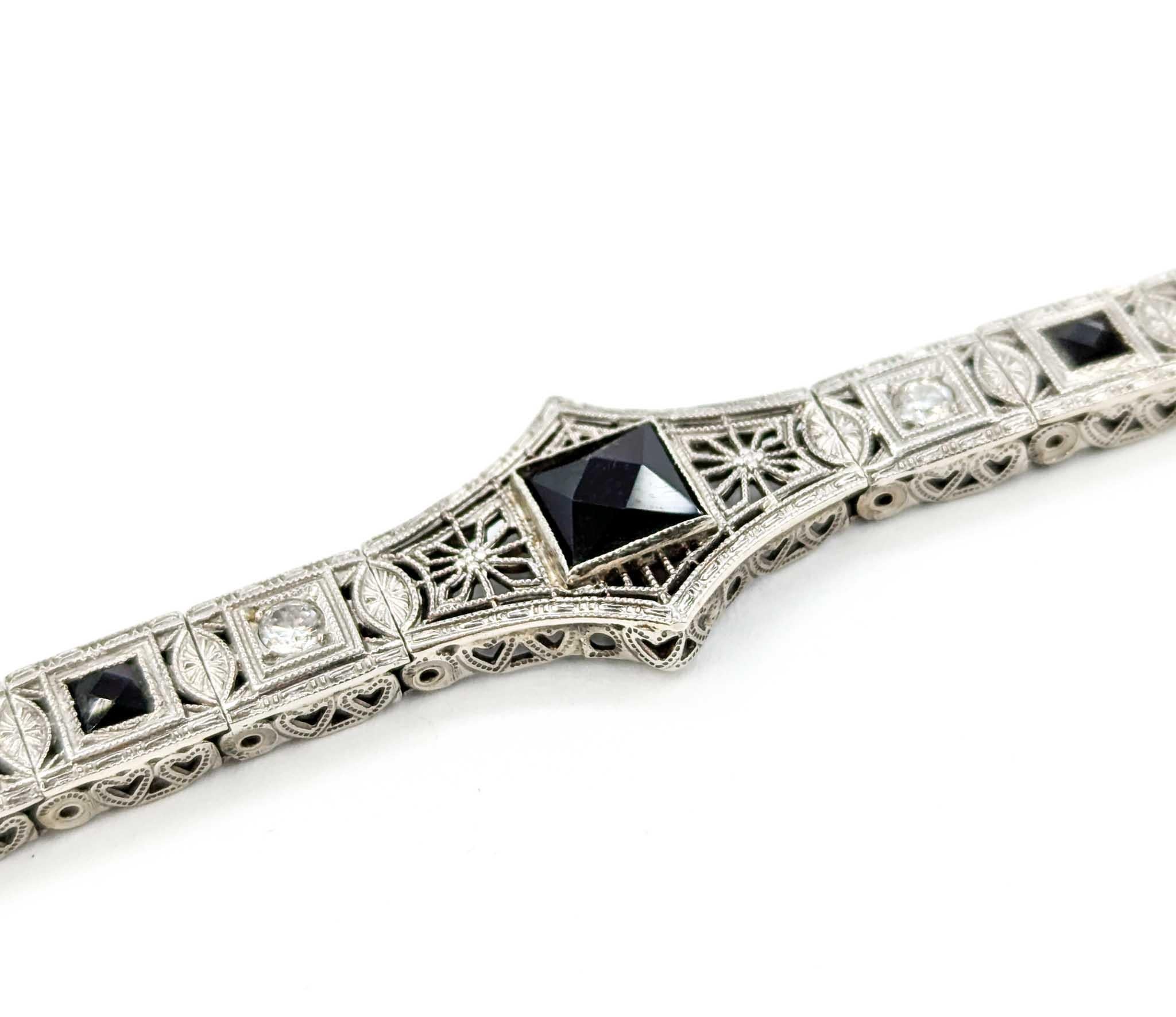 Gorgeous 1920s Art Deco Onyx & Diamond Filigree Bracelet in White Gold 8