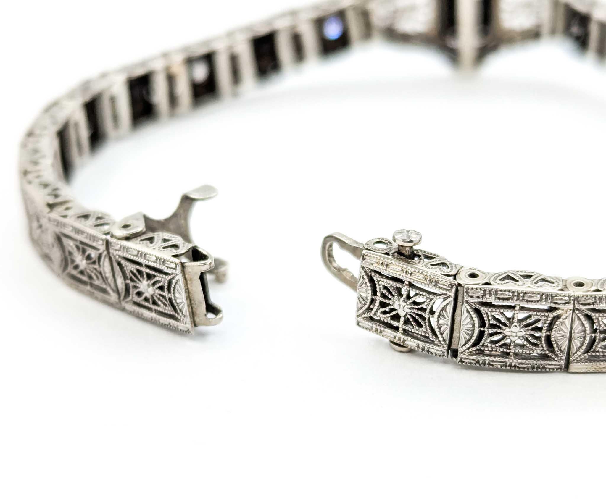 Gorgeous 1920s Art Deco Onyx & Diamond Filigree Bracelet in White Gold 9