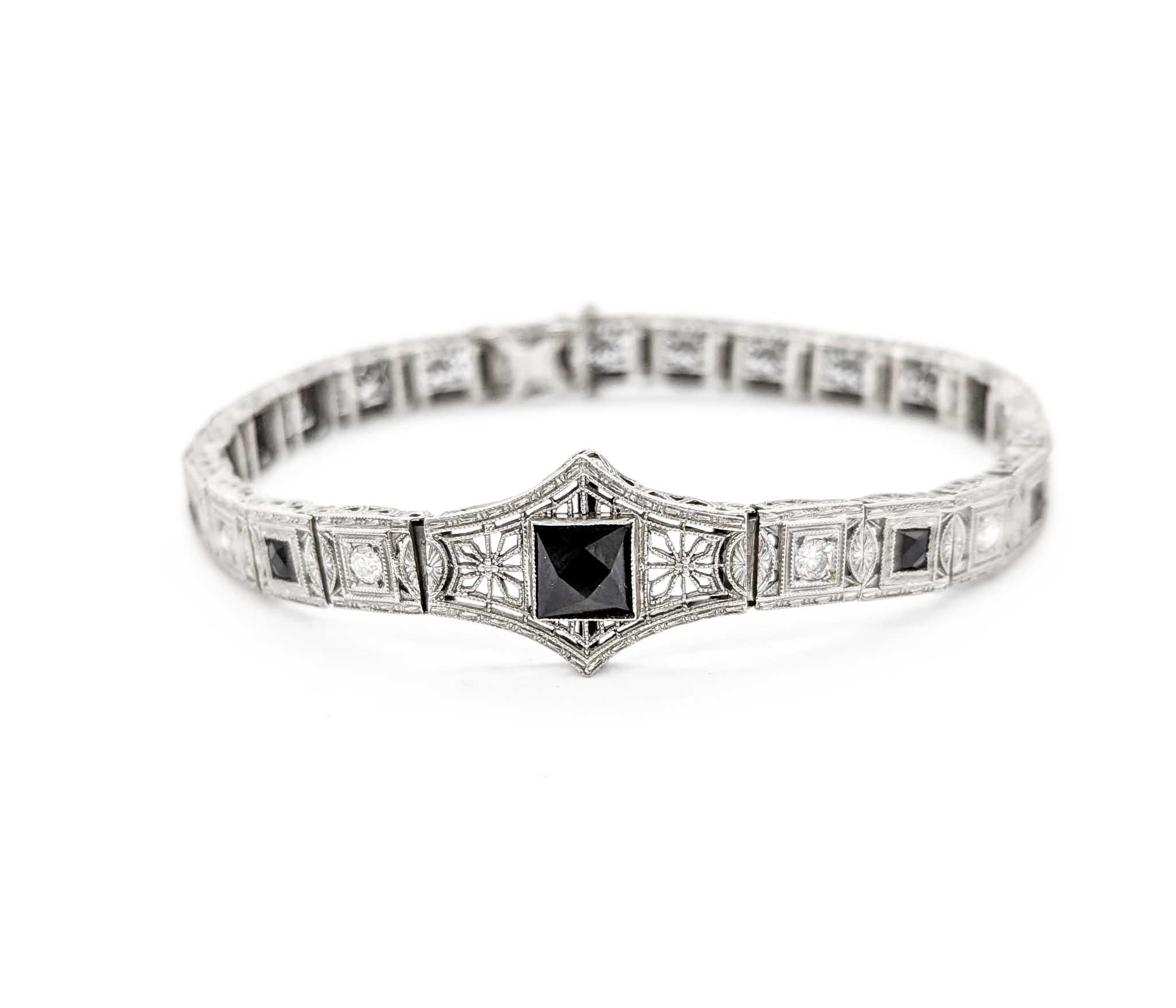 Gorgeous 1920s Art Deco Onyx & Diamond Filigree Bracelet in White Gold 10