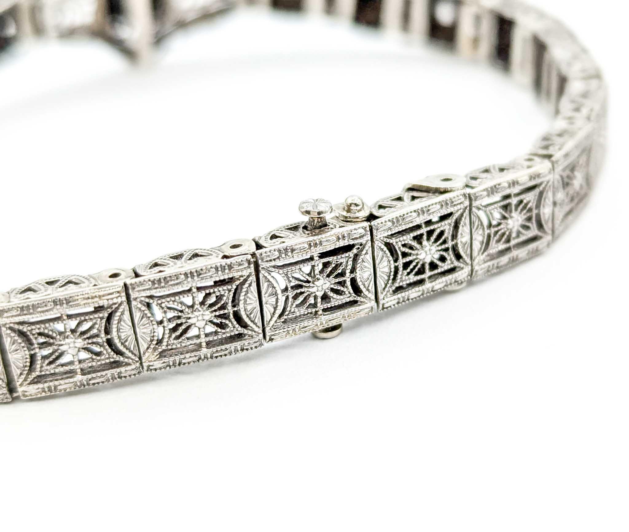 Gorgeous 1920s Art Deco Onyx & Diamond Filigree Bracelet in White Gold 11
