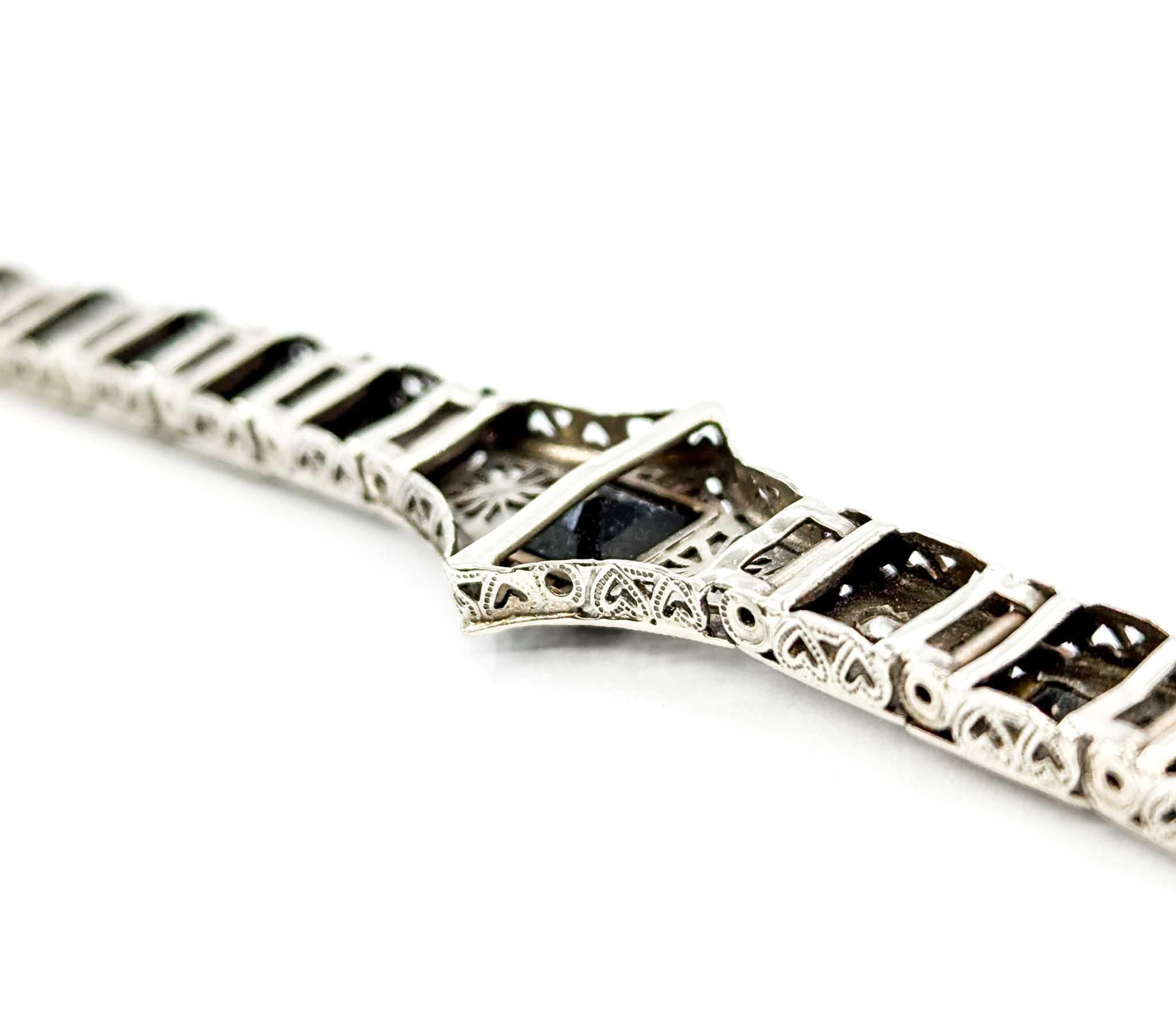 Gorgeous 1920s Art Deco Onyx & Diamond Filigree Bracelet in White Gold In Excellent Condition In Bloomington, MN