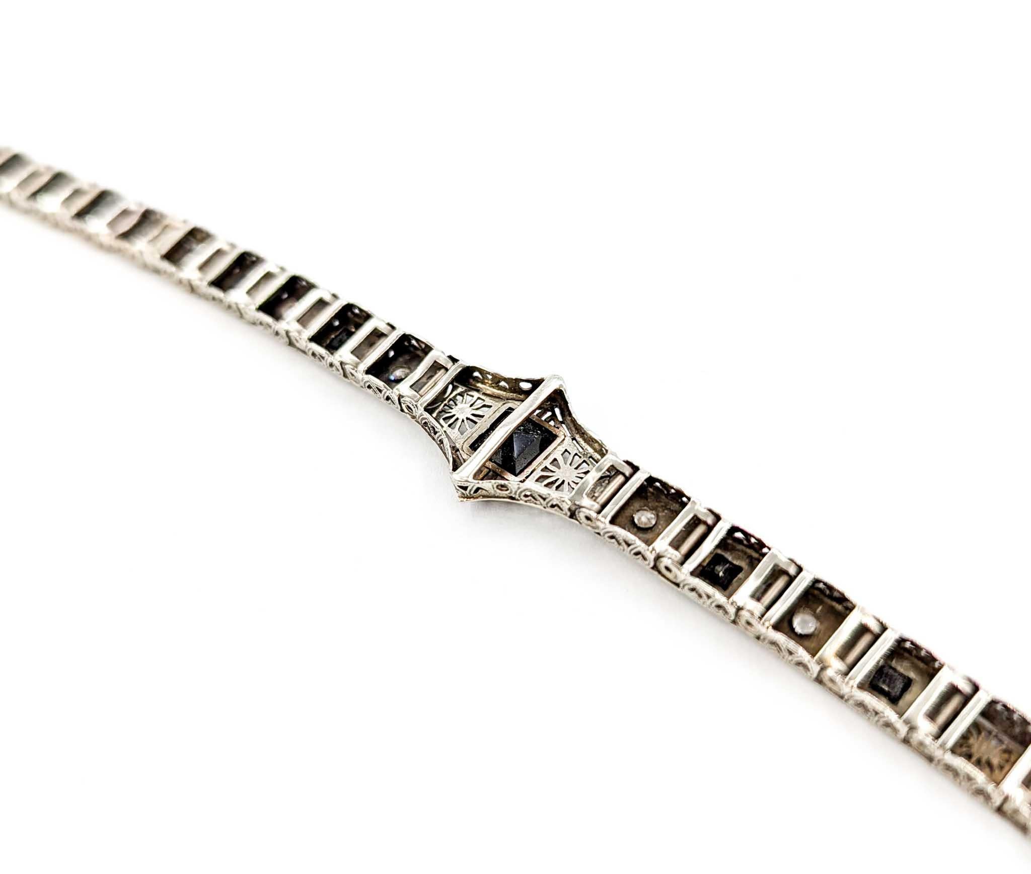 Women's Gorgeous 1920s Art Deco Onyx & Diamond Filigree Bracelet in White Gold