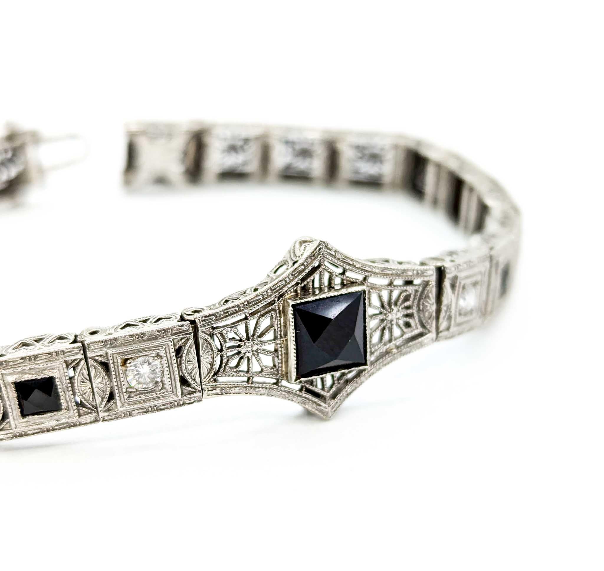 Gorgeous 1920s Art Deco Onyx & Diamond Filigree Bracelet in White Gold 2