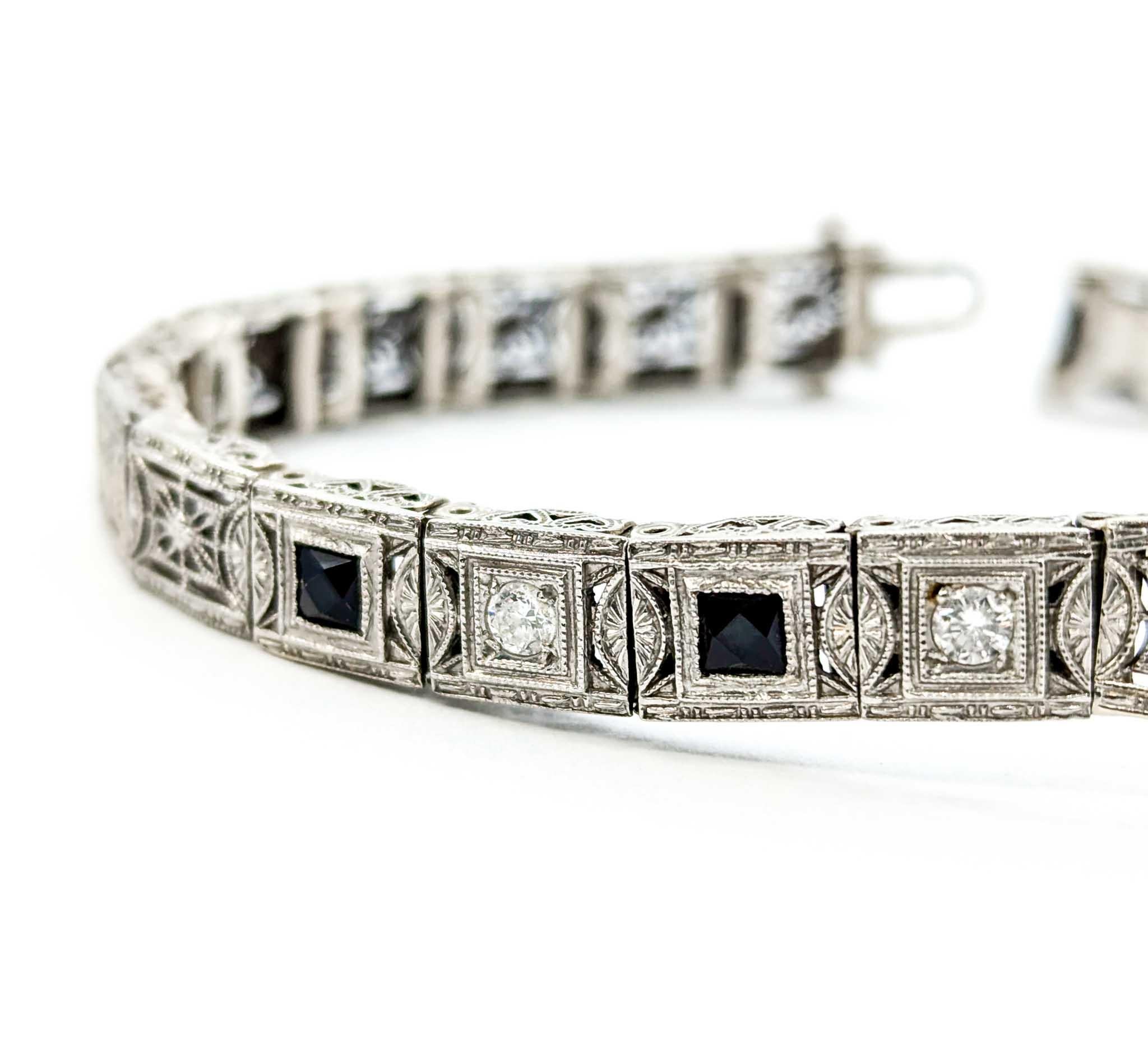Gorgeous 1920s Art Deco Onyx & Diamond Filigree Bracelet in White Gold 3
