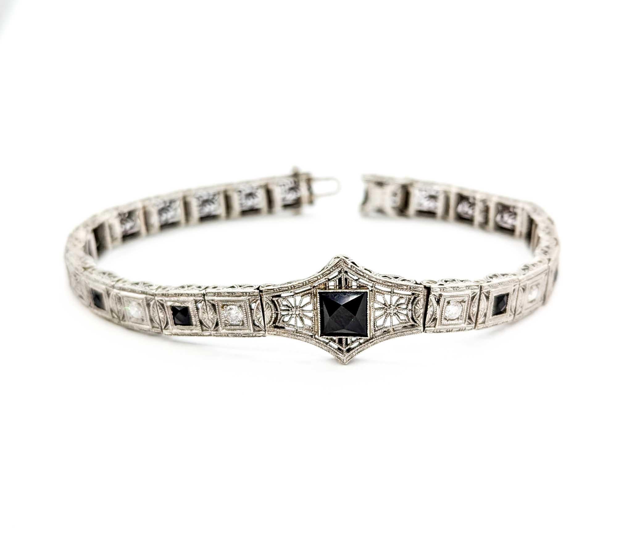Gorgeous 1920s Art Deco Onyx & Diamond Filigree Bracelet in White Gold 4