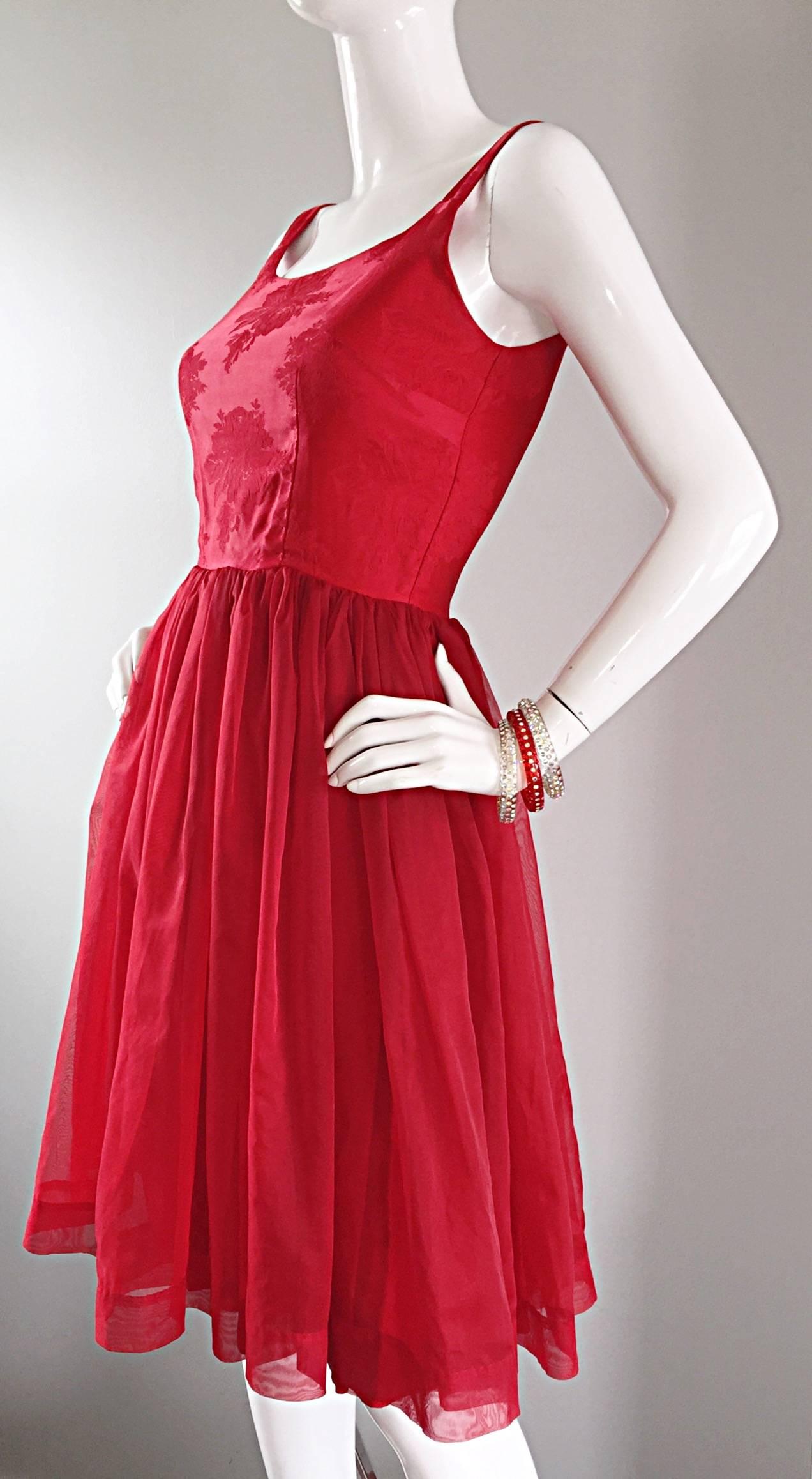 Women's Gorgeous 1950s 50s Lipstick Red Demi Couture Silk Brocade Cocktail Dress For Sale