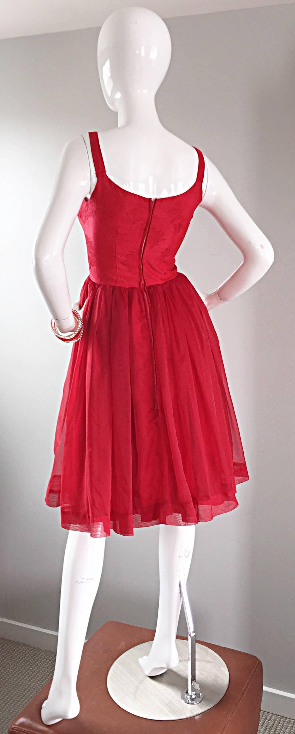 Gorgeous 1950s 50s Lipstick Red Demi Couture Silk Brocade Cocktail Dress For Sale 1