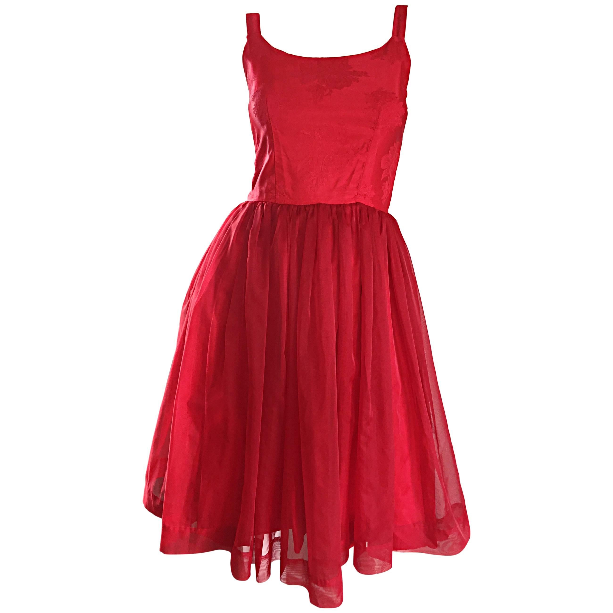 Gorgeous 1950s 50s Lipstick Red Demi Couture Silk Brocade Cocktail Dress For Sale
