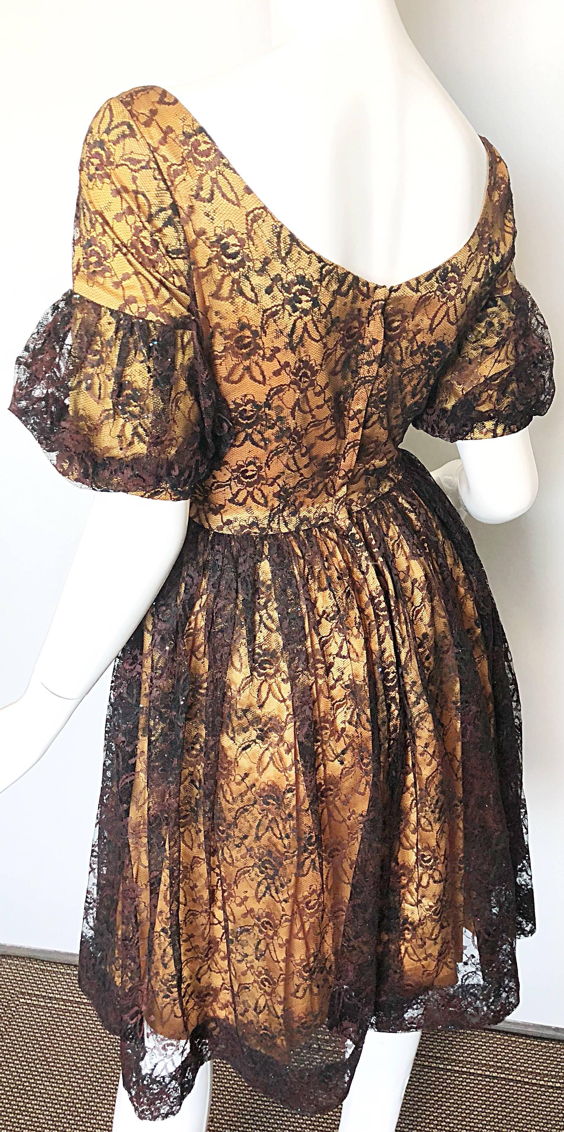 Gorgeous 1950s Black + Gold Silk Lace Fit and Flare Glitter Vintage 50s Dress For Sale 2