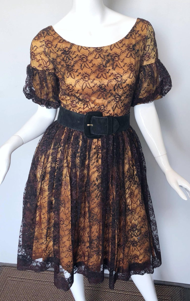 Gorgeous 1950s Black + Gold Silk Lace Fit and Flare Glitter Vintage 50s Dress