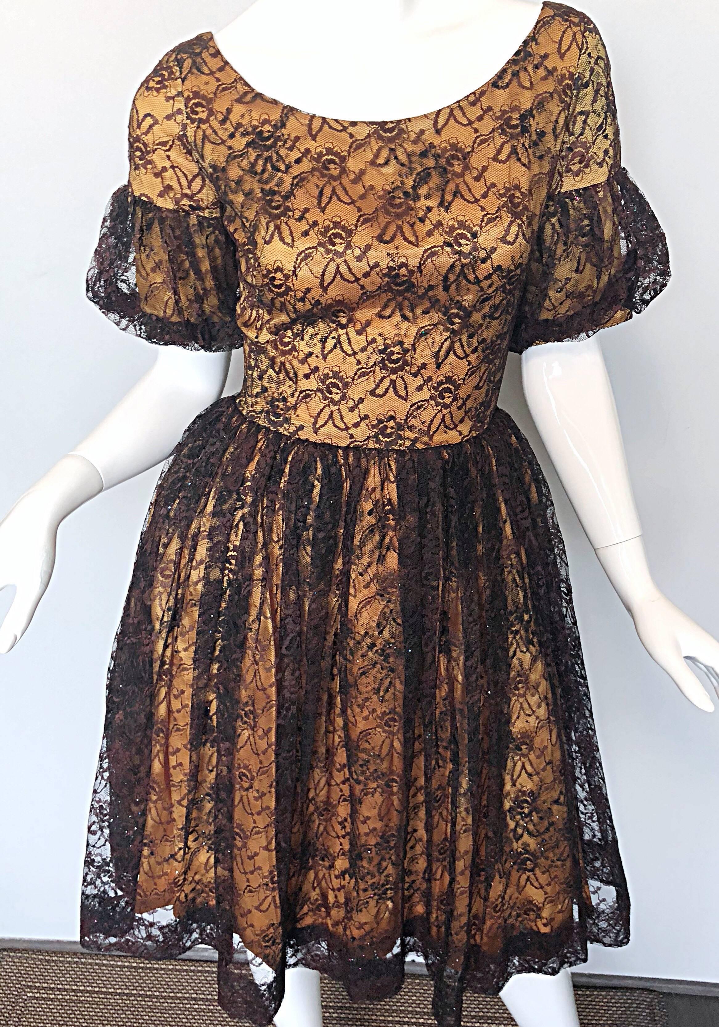 Gorgeous 1950s Black + Gold Silk Lace Fit and Flare Glitter Vintage 50s ...