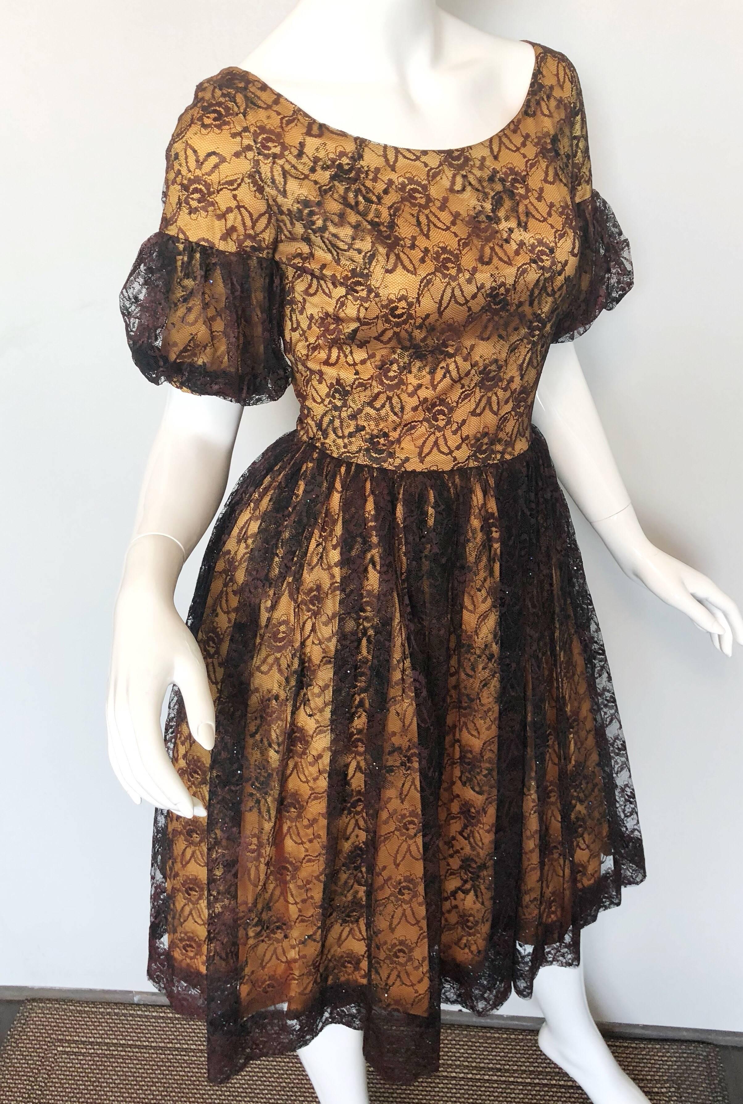 Women's Gorgeous 1950s Black + Gold Silk Lace Fit and Flare Glitter Vintage 50s Dress For Sale
