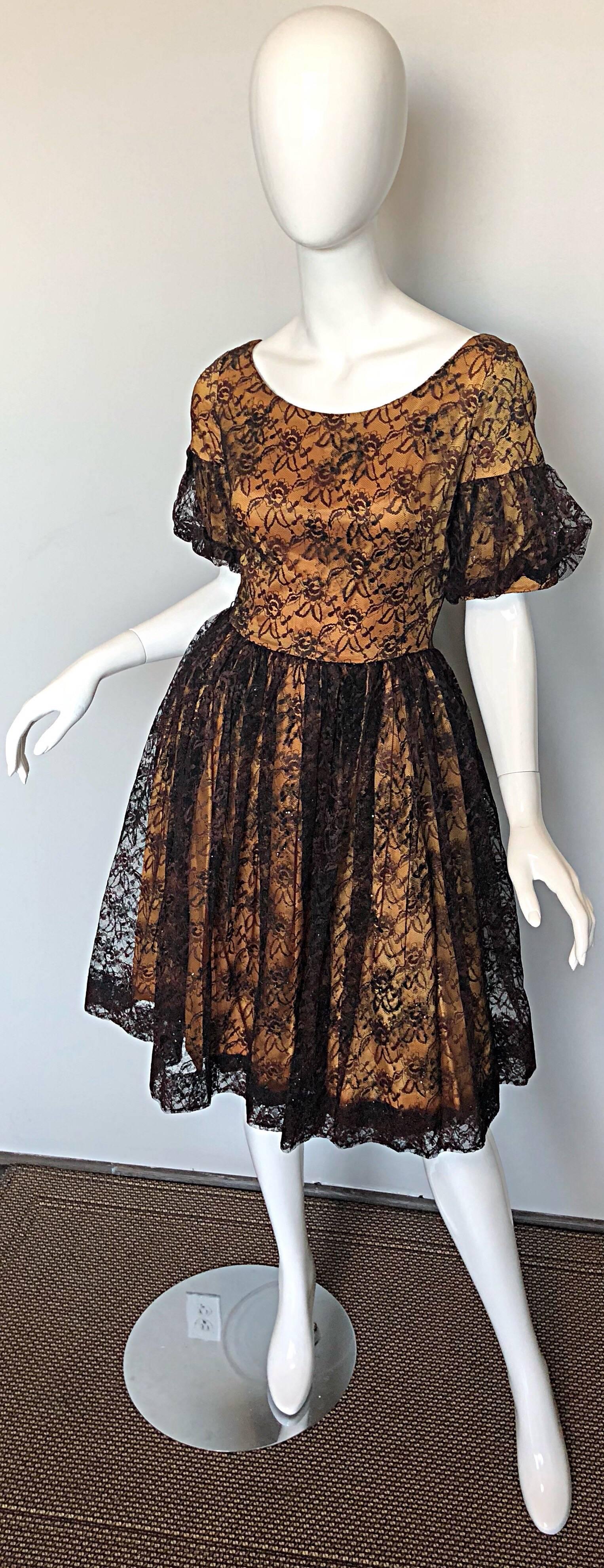 Gorgeous 1950s Black + Gold Silk Lace Fit and Flare Glitter Vintage 50s Dress For Sale 1