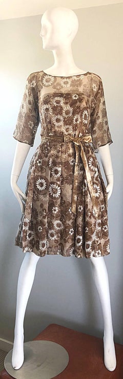 Gorgeous 1950s Saks 5th Avenue Demi Couture Silk Chiffon Beige Vintage 50s Dress