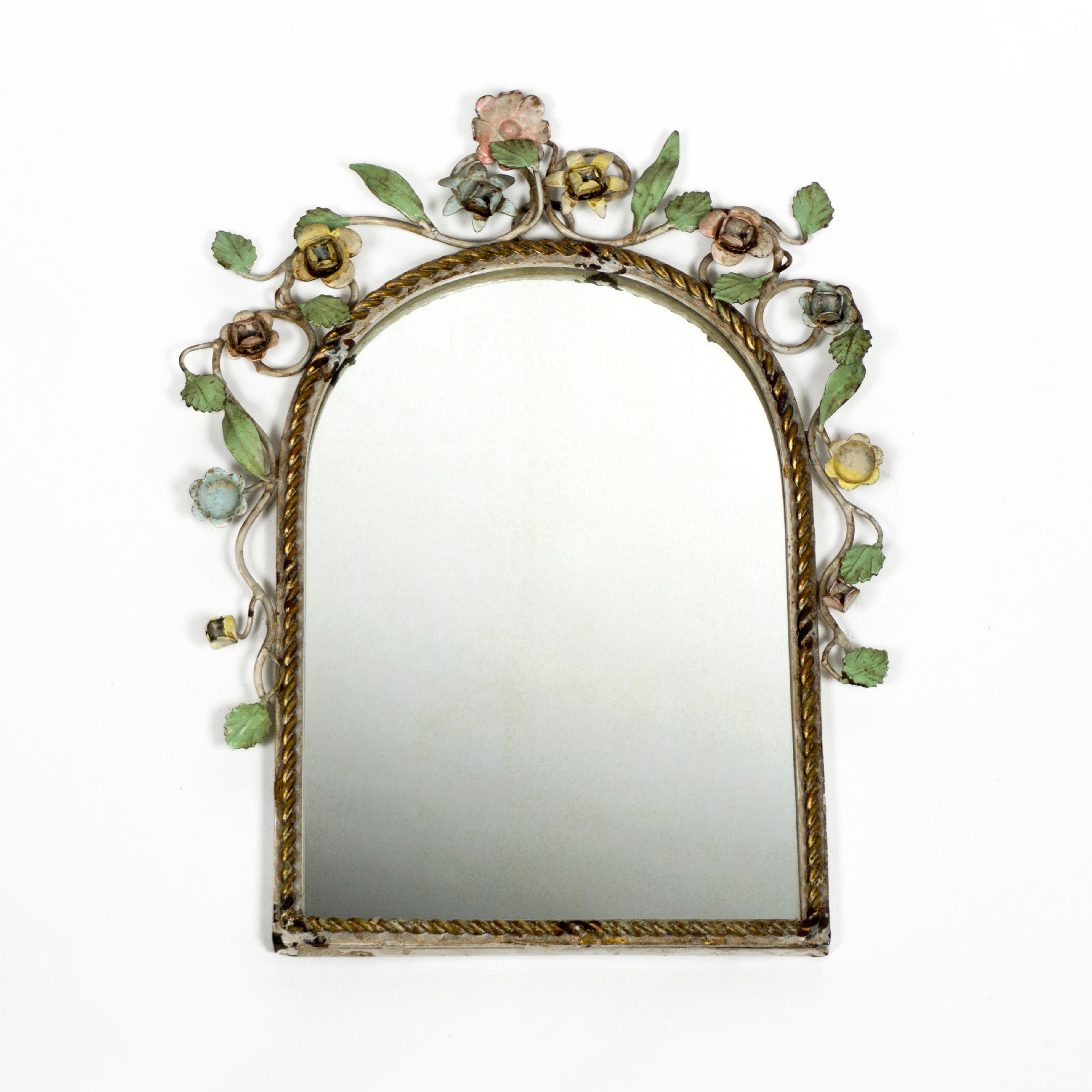 Mid-Century Modern Gorgeous 1950s Vintage Floral Italian Painted Tole Flower Wall Mirror, Italy
