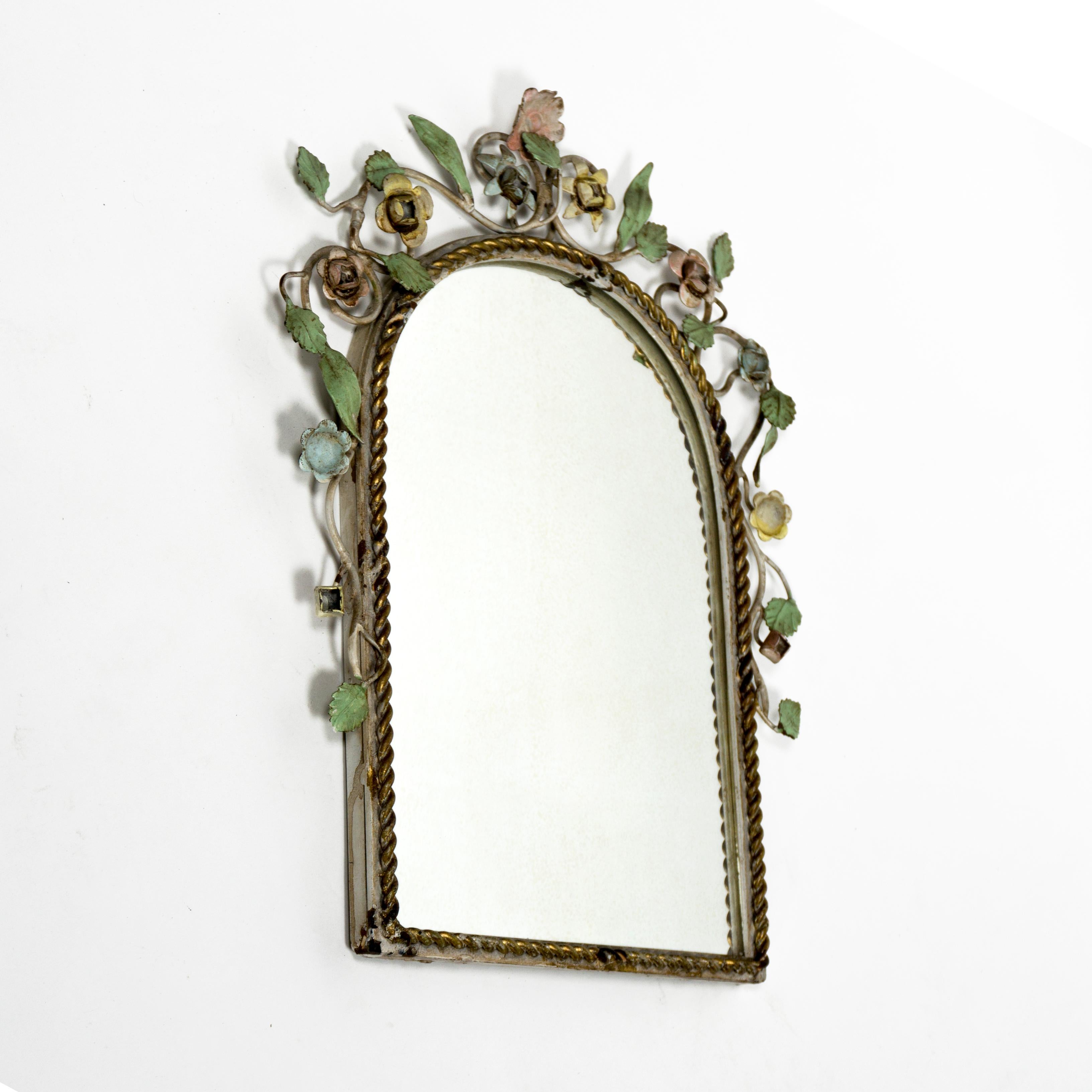 Mid-20th Century Gorgeous 1950s Vintage Floral Italian Painted Tole Flower Wall Mirror, Italy