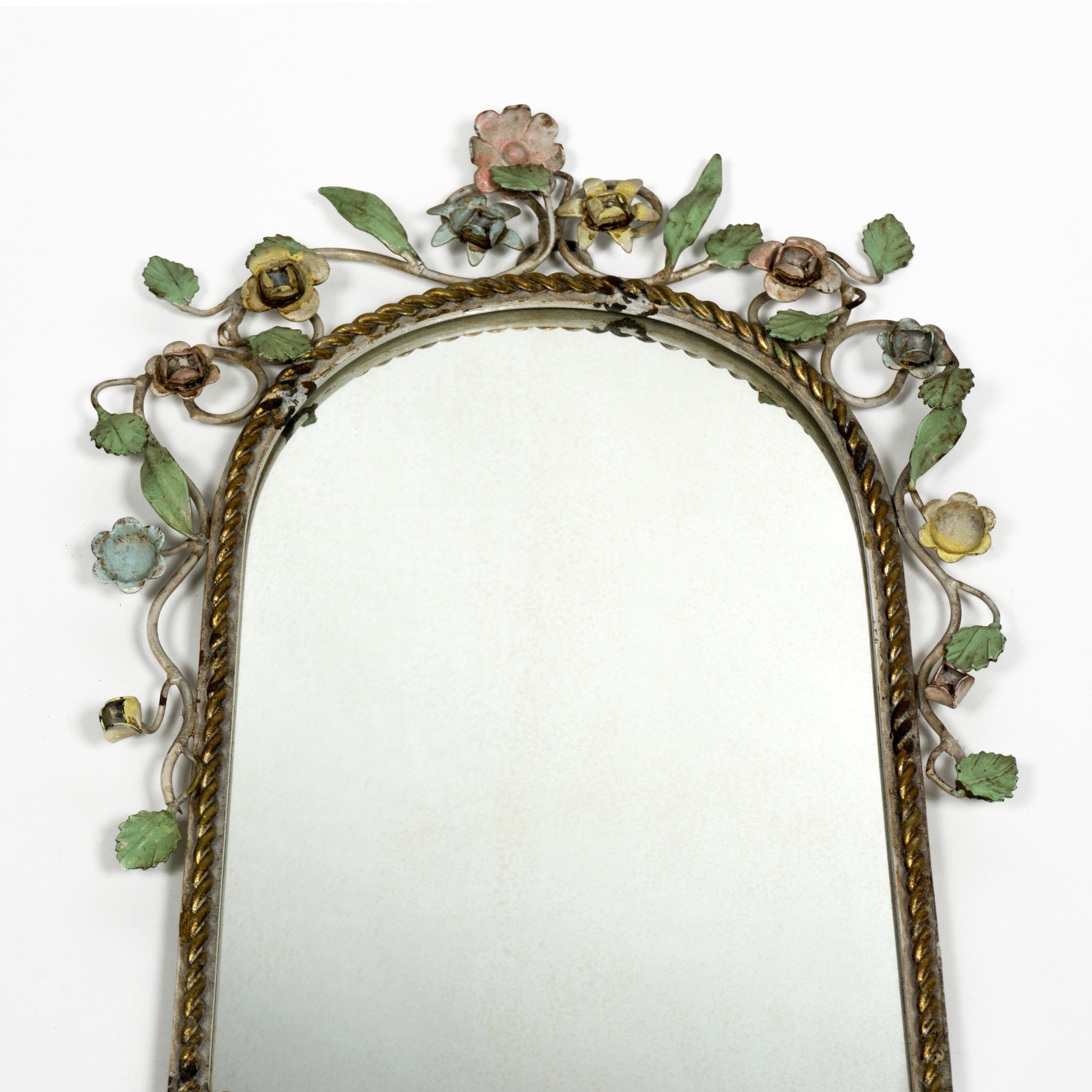 Metal Gorgeous 1950s Vintage Floral Italian Painted Tole Flower Wall Mirror, Italy