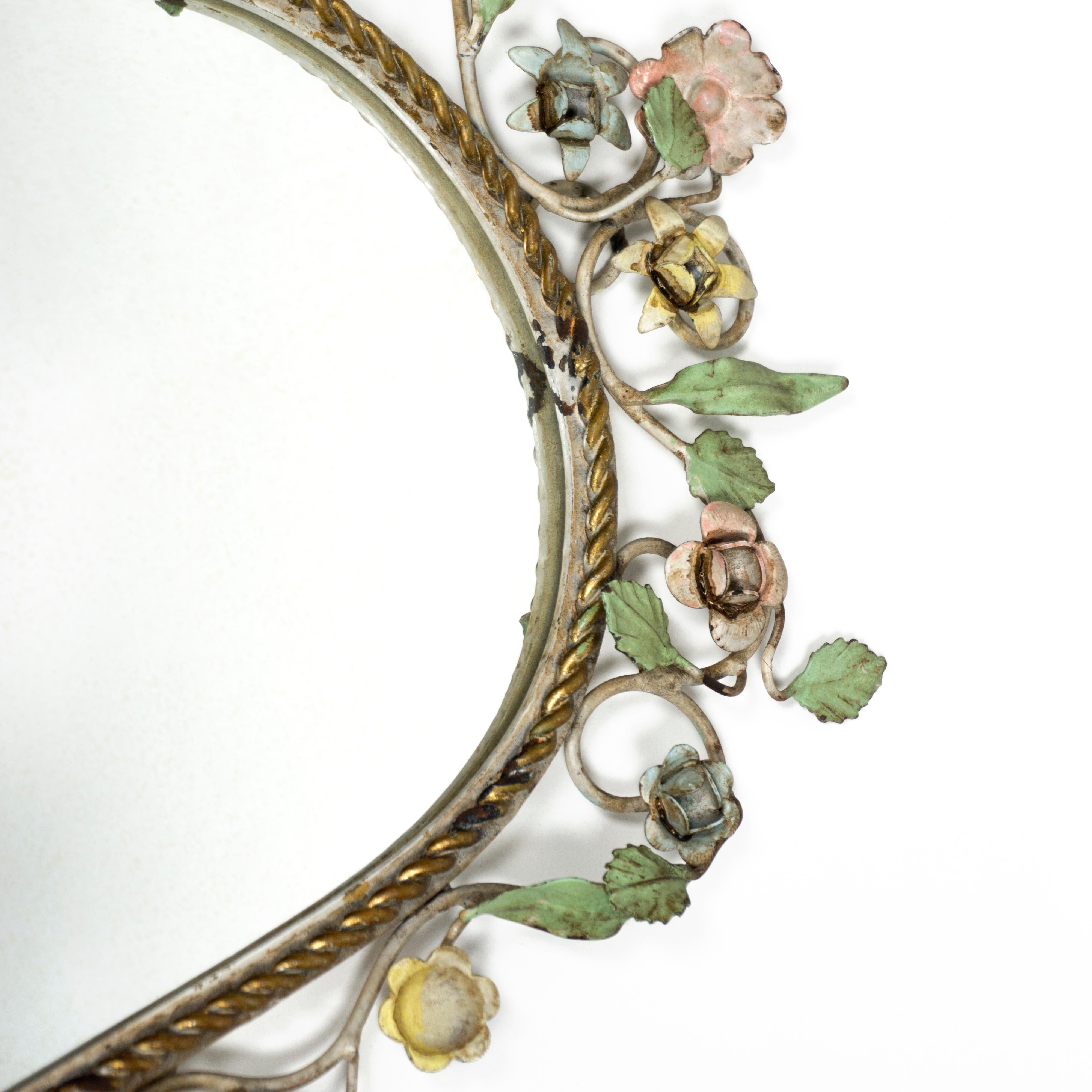 Gorgeous 1950s Vintage Floral Italian Painted Tole Flower Wall Mirror, Italy 2