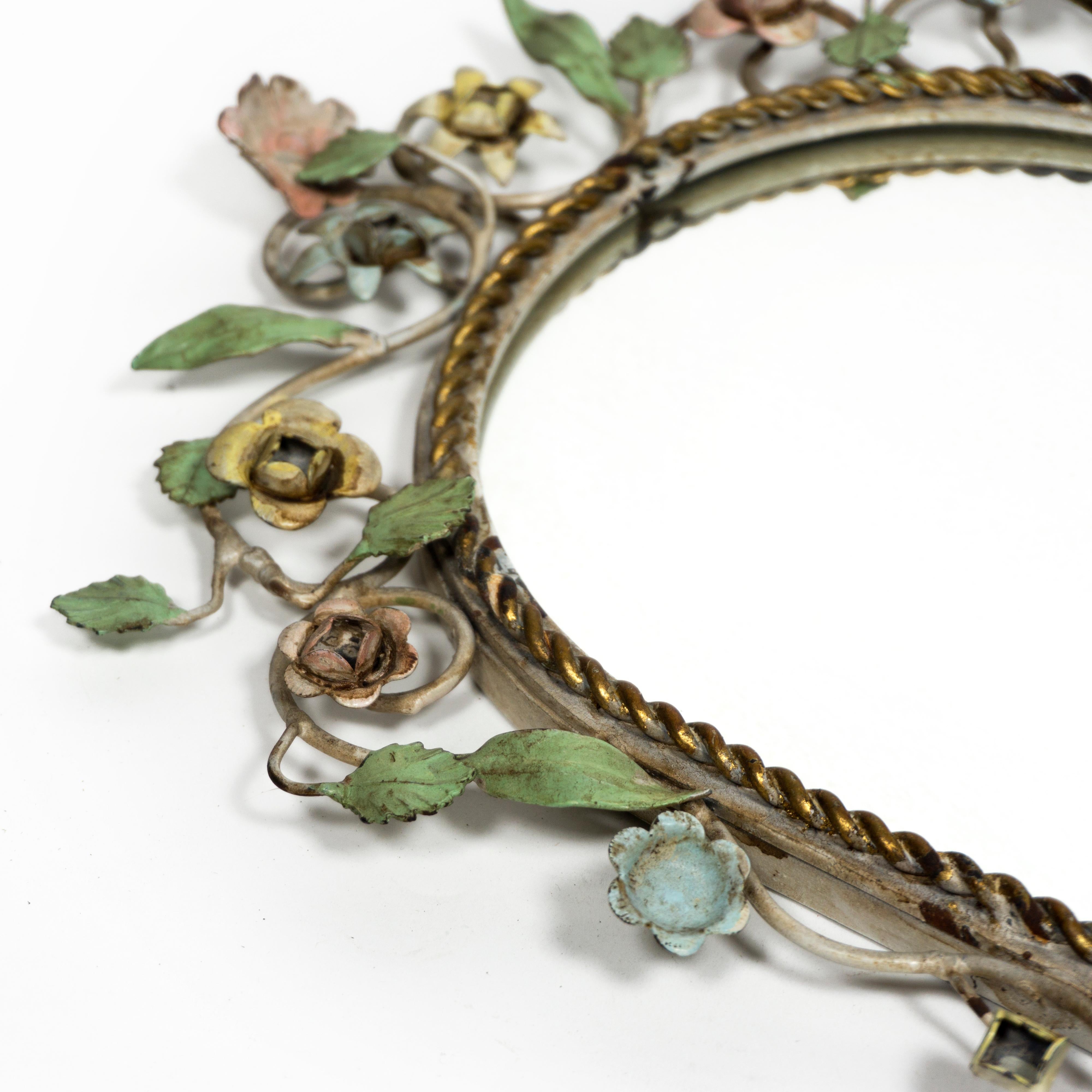 Gorgeous 1950s Vintage Floral Italian Painted Tole Flower Wall Mirror, Italy 3