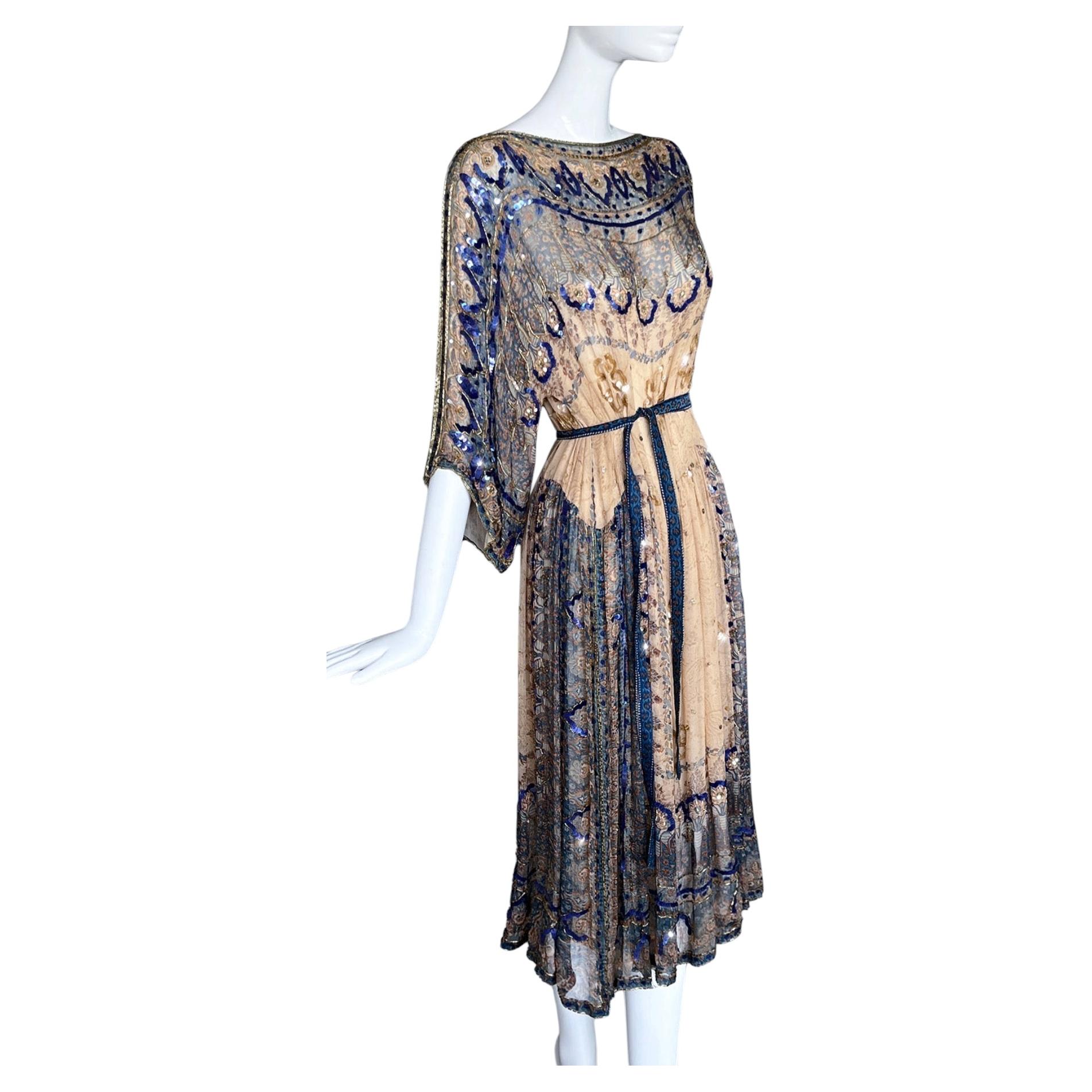Gorgeous 1970s Hand-Beaded Silk Evening Dress Bohemian Gown