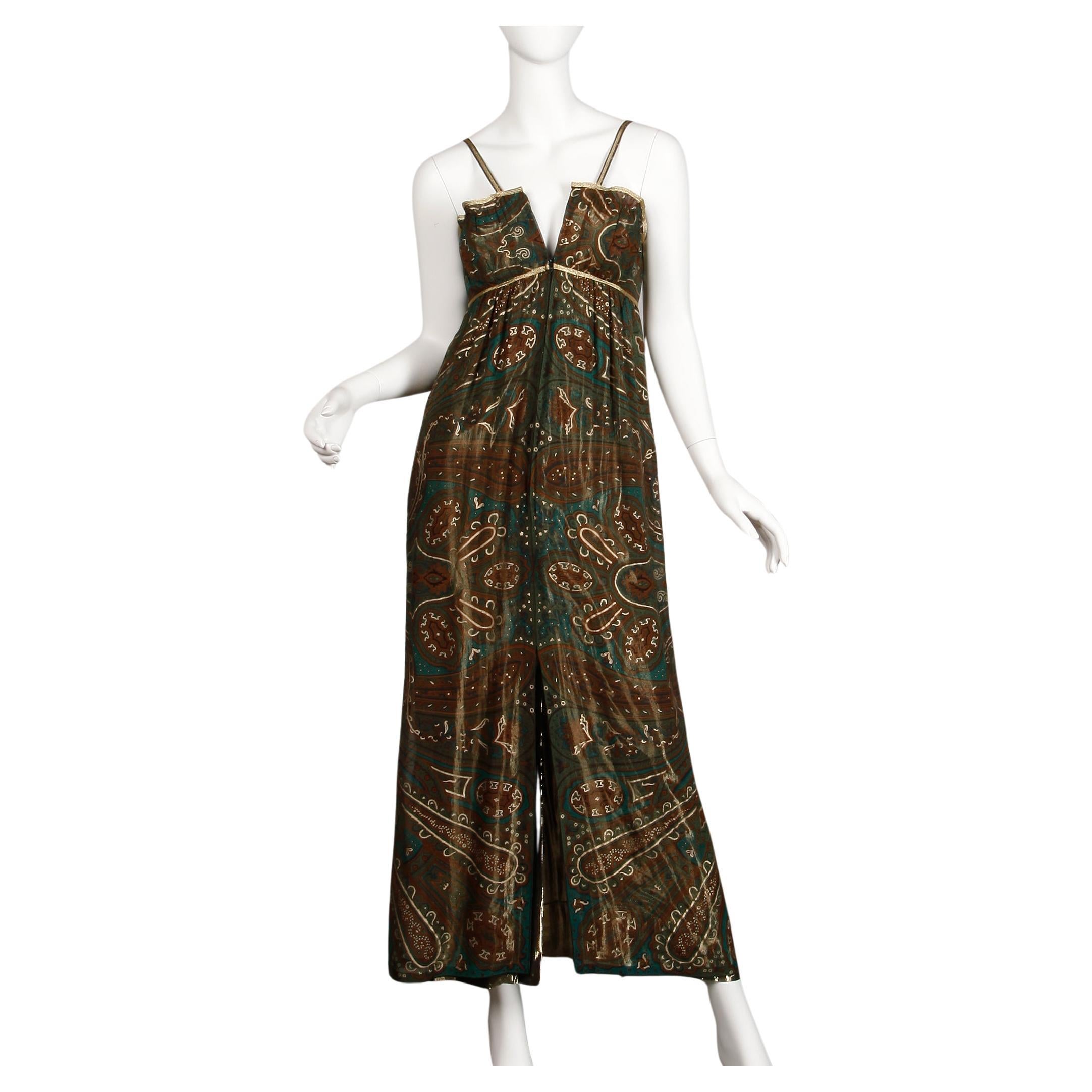 Gorgeous 1970s Pauline Trigere Vintage Metallic Gold Lamé Paisley Silk Dress For Sale