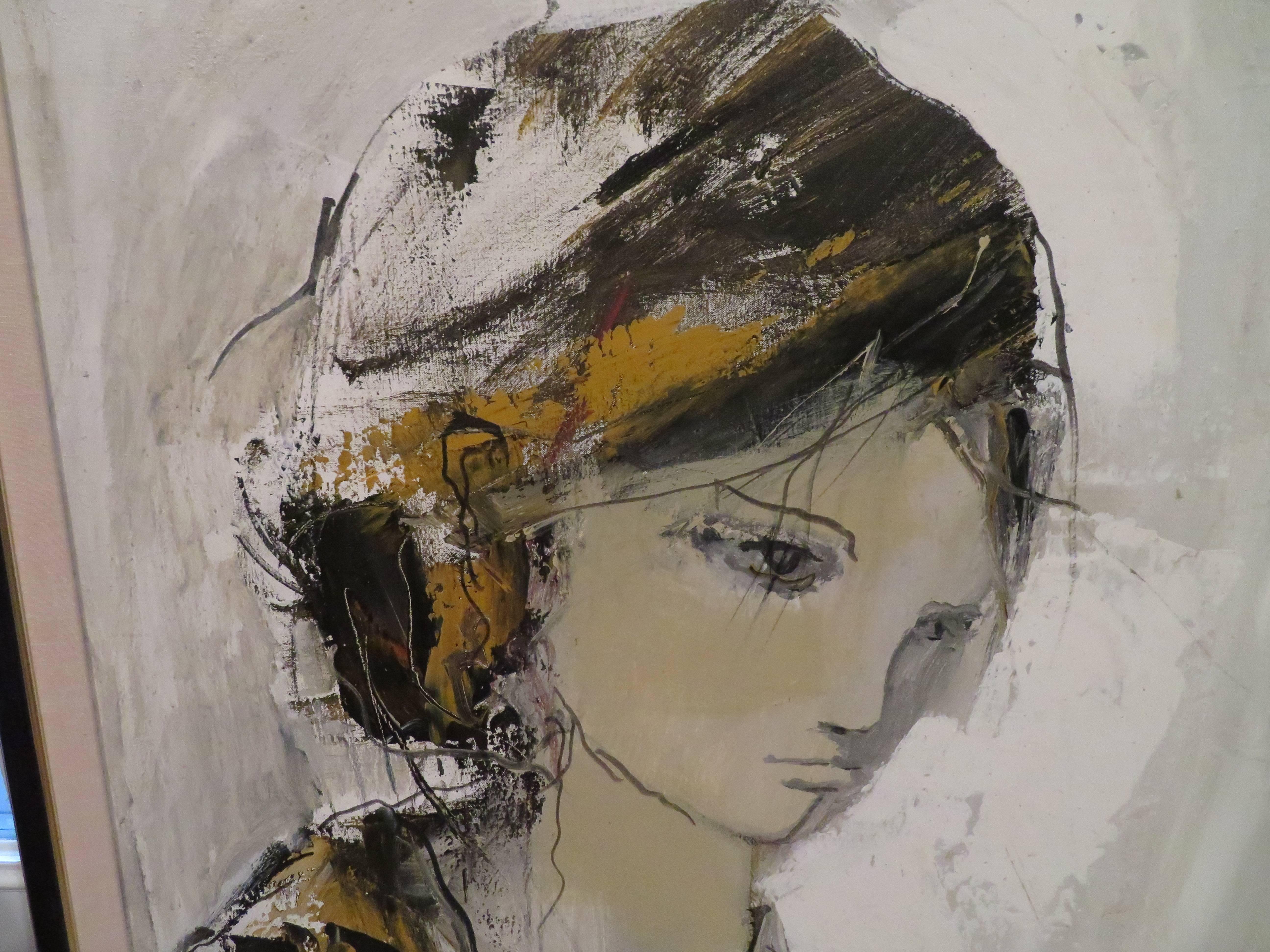 Gorgeous 1977 Gino Hollander figural expressionist abstract painting of a young women. Exceptionally Prolific Artist Gino Hollander, 20th century American Painter, New York City, 1924- 2015. In the mid-20th century, he was a successful filmmaker