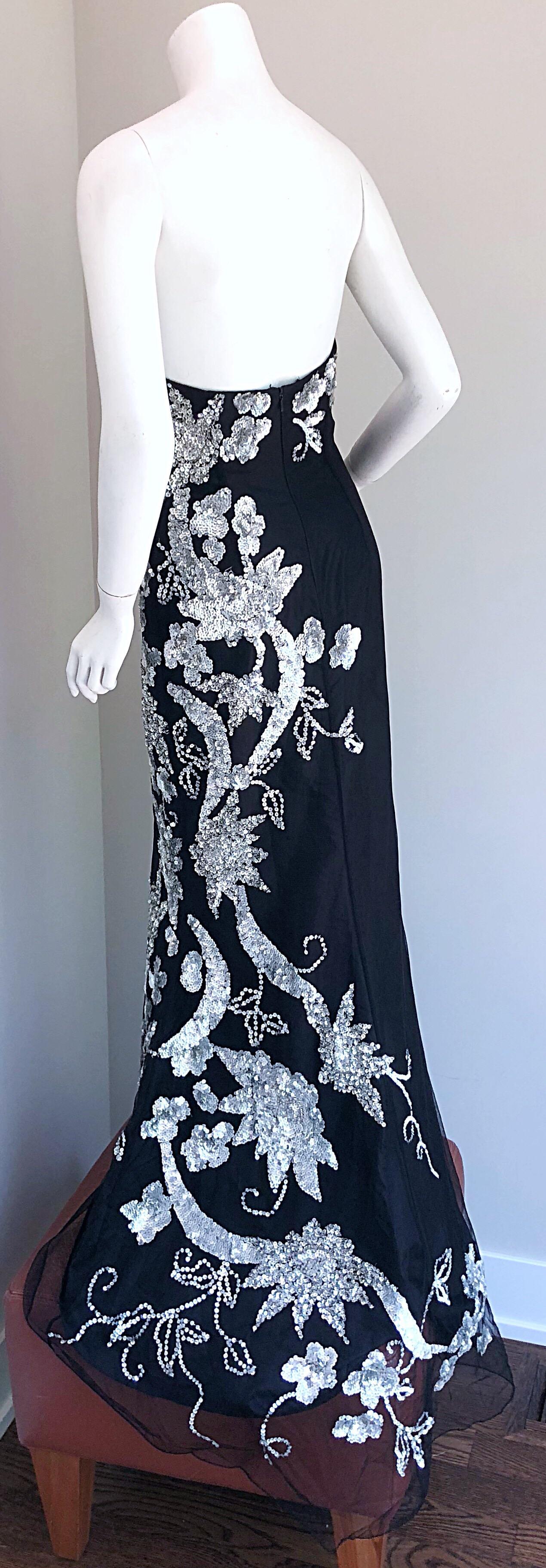 Gorgeous 1990s Black and Silver Sequined Dramatic Strapless Vintage 90s Gown  6