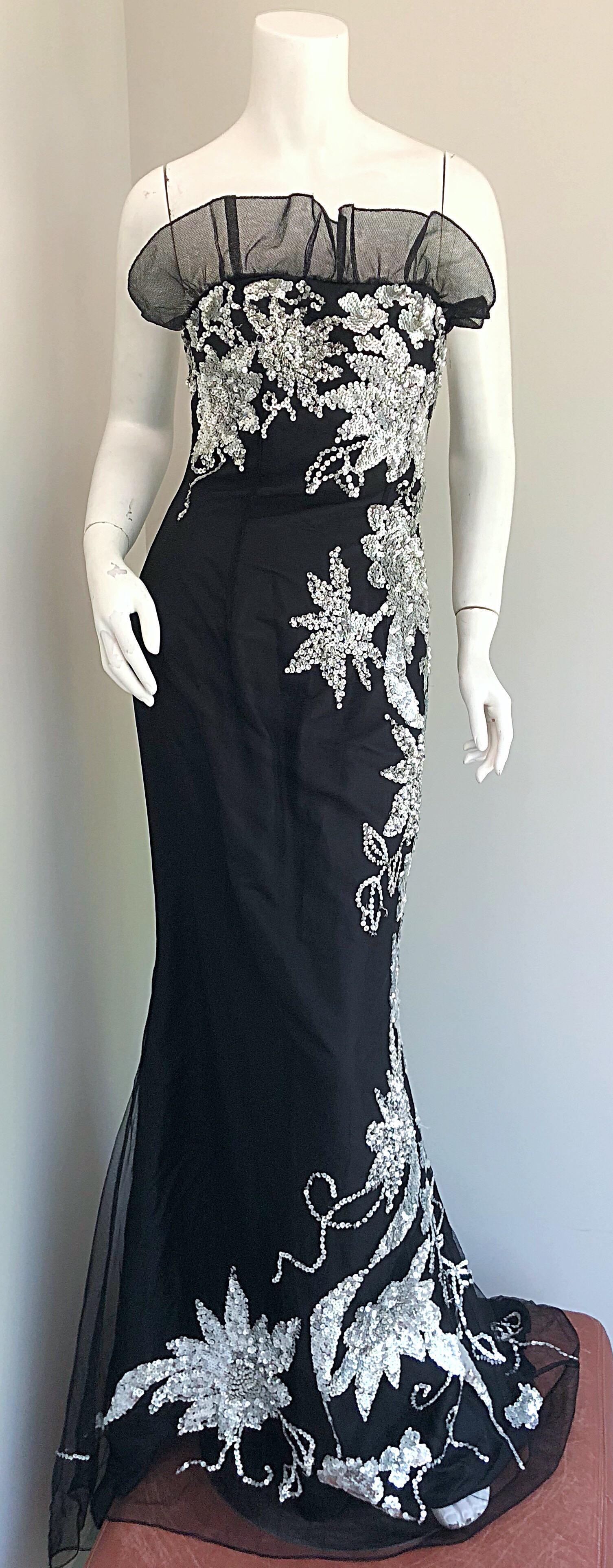 Gorgeous 1990s Black and Silver Sequined Dramatic Strapless Vintage 90s Gown  7