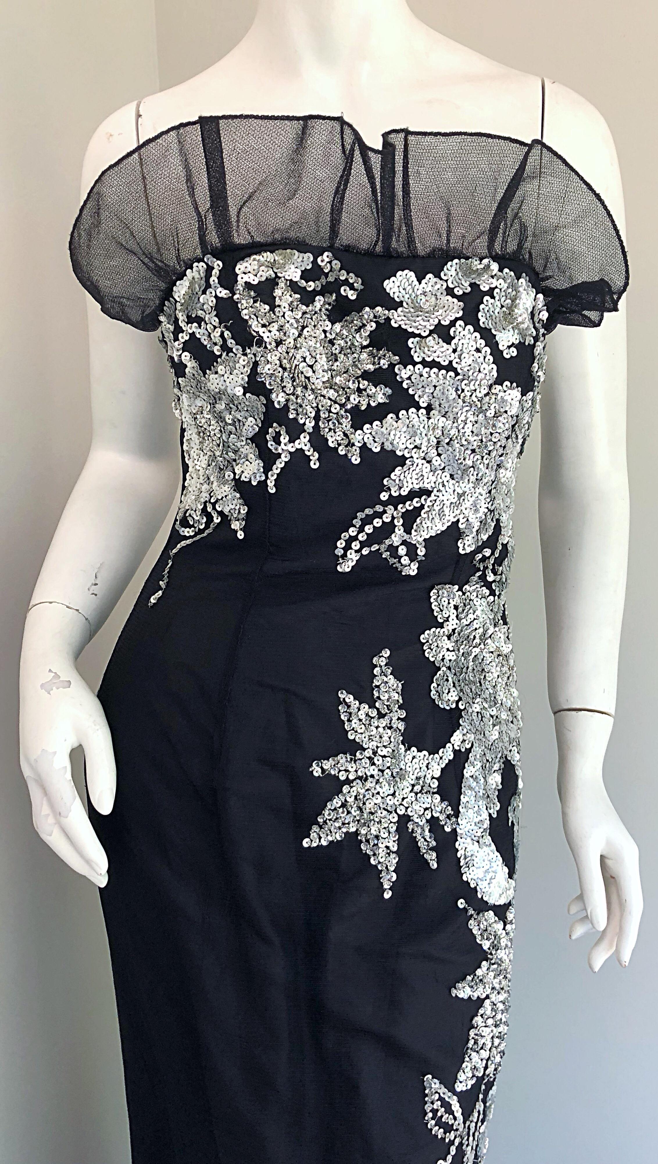 Gorgeous 1990s Black and Silver Sequined Dramatic Strapless Vintage 90s Gown In Excellent Condition In San Diego, CA