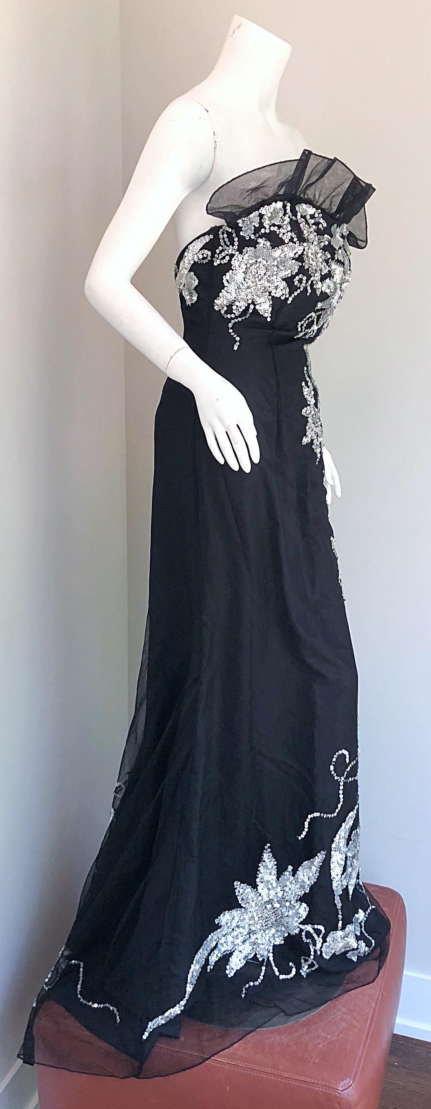 Gorgeous 1990s Black and Silver Sequined Dramatic Strapless Vintage 90s Gown 1