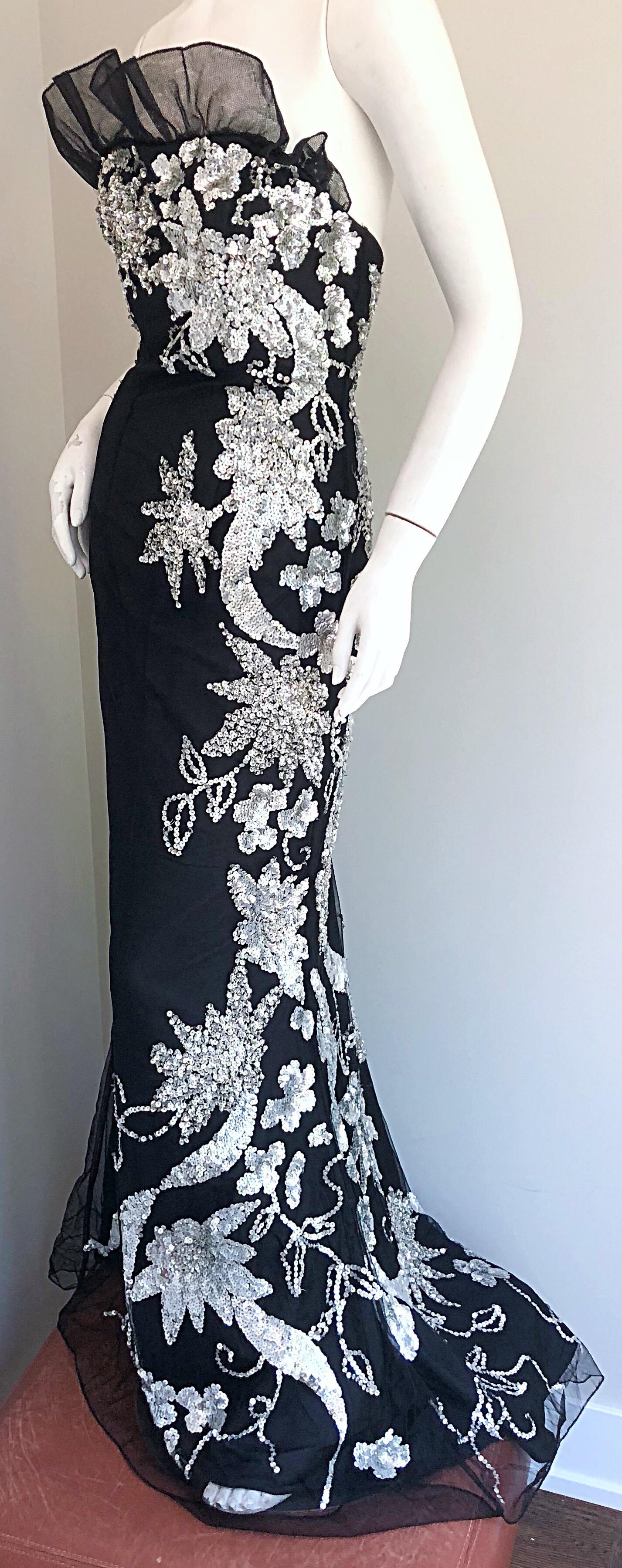 Gorgeous 1990s Black and Silver Sequined Dramatic Strapless Vintage 90s Gown  3