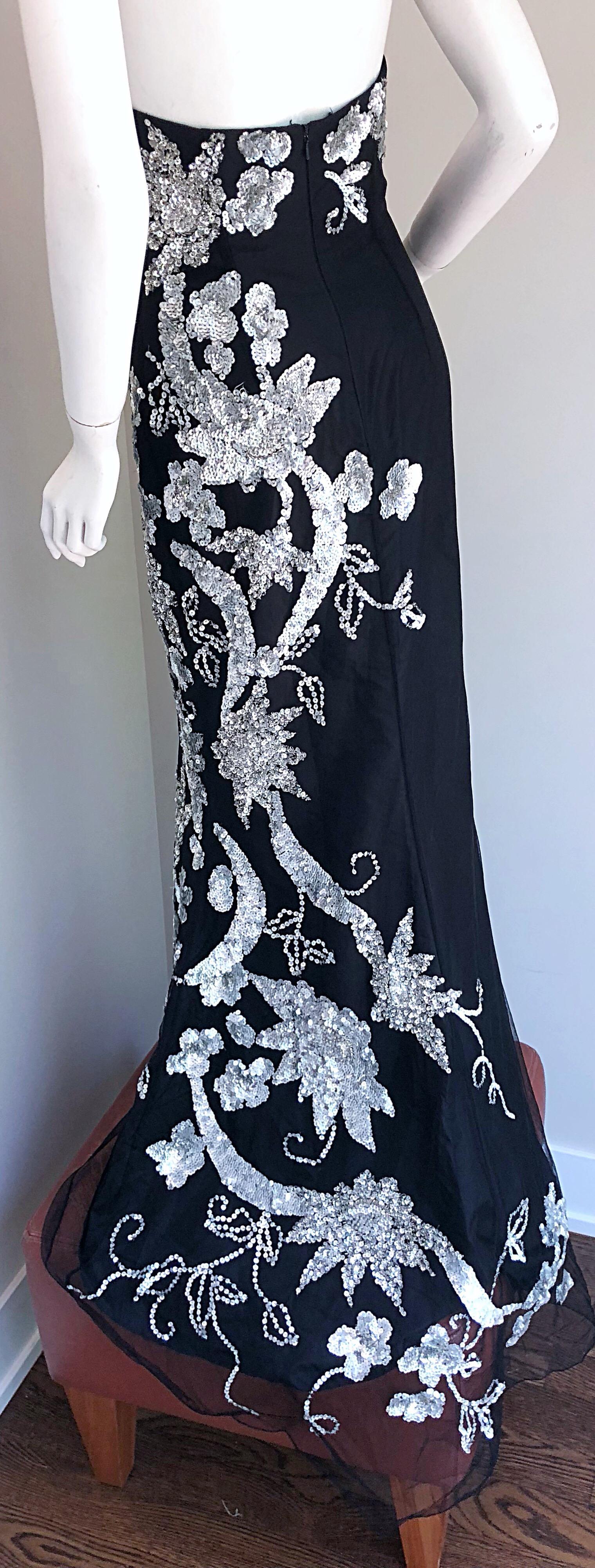 Gorgeous 1990s Black and Silver Sequined Dramatic Strapless Vintage 90s Gown  4
