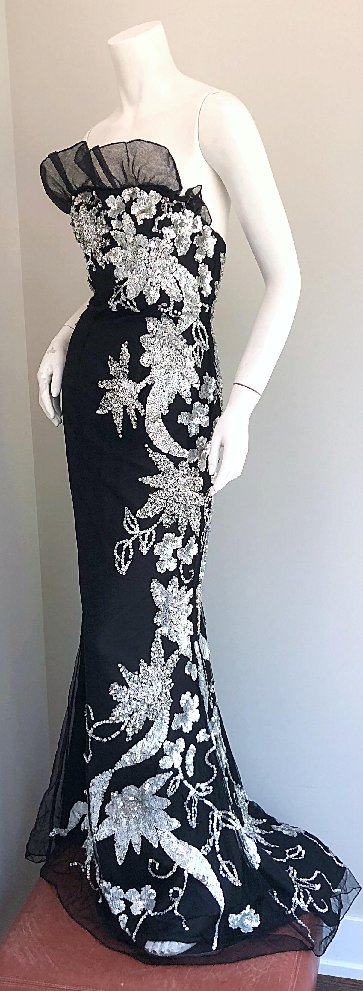 Gorgeous 1990s Black and Silver Sequined Dramatic Strapless Vintage 90s Gown  5