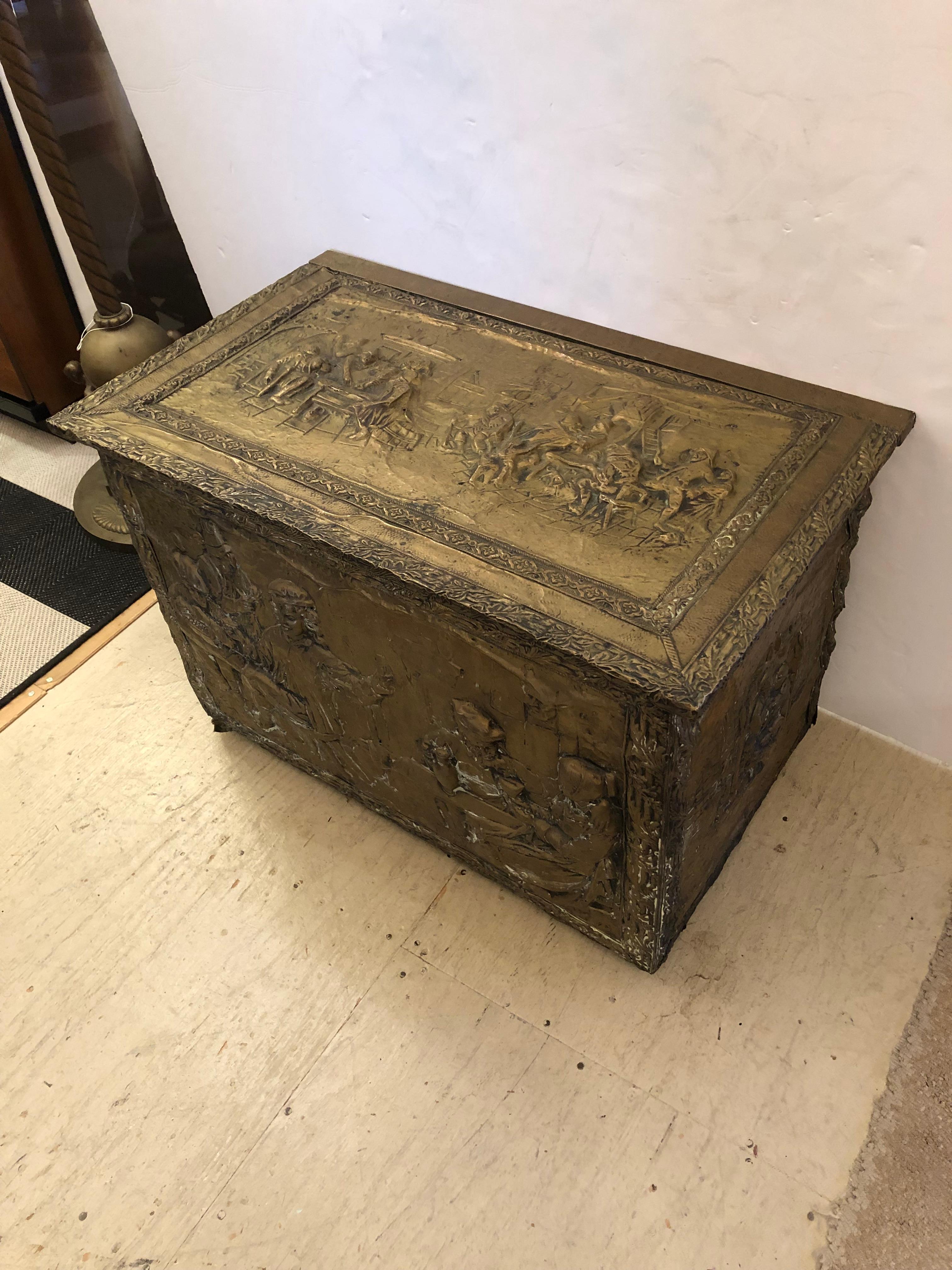 Gorgeous 19th Century Brass Relief Repousee Fireplace Box For Sale 5