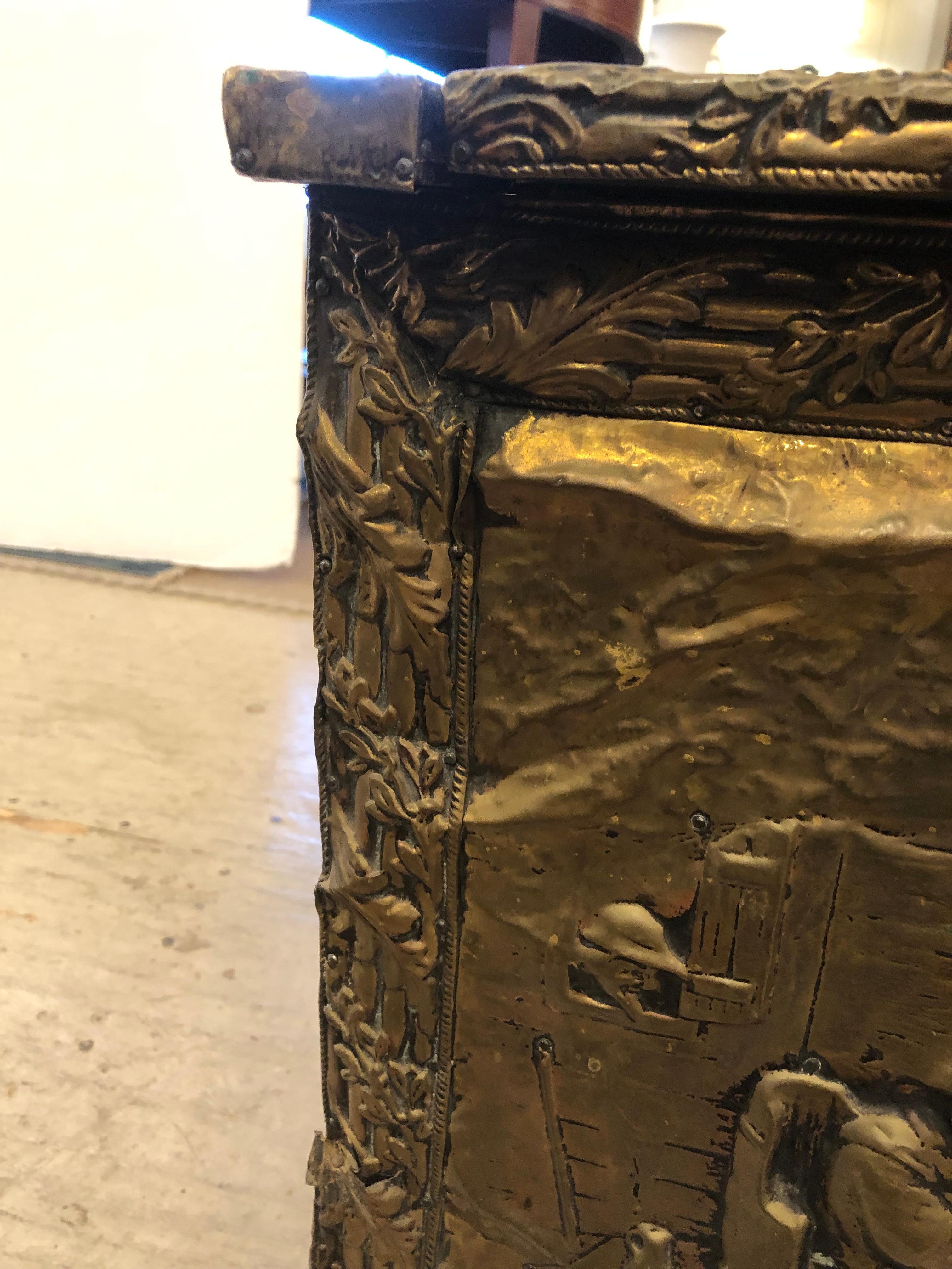 Gorgeous 19th Century Brass Relief Repousee Fireplace Box For Sale 3