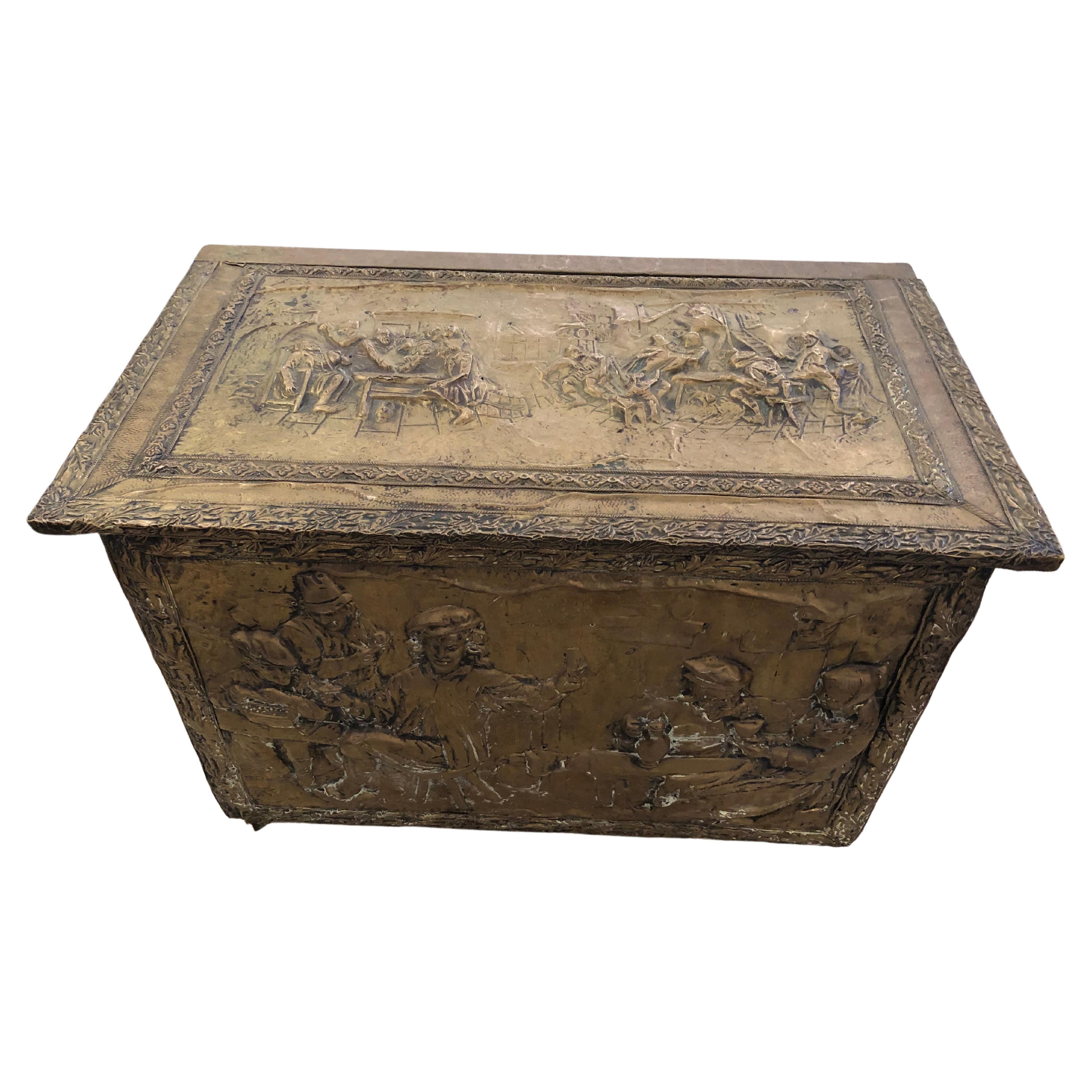Gorgeous 19th Century Brass Relief Repousee Fireplace Box For Sale