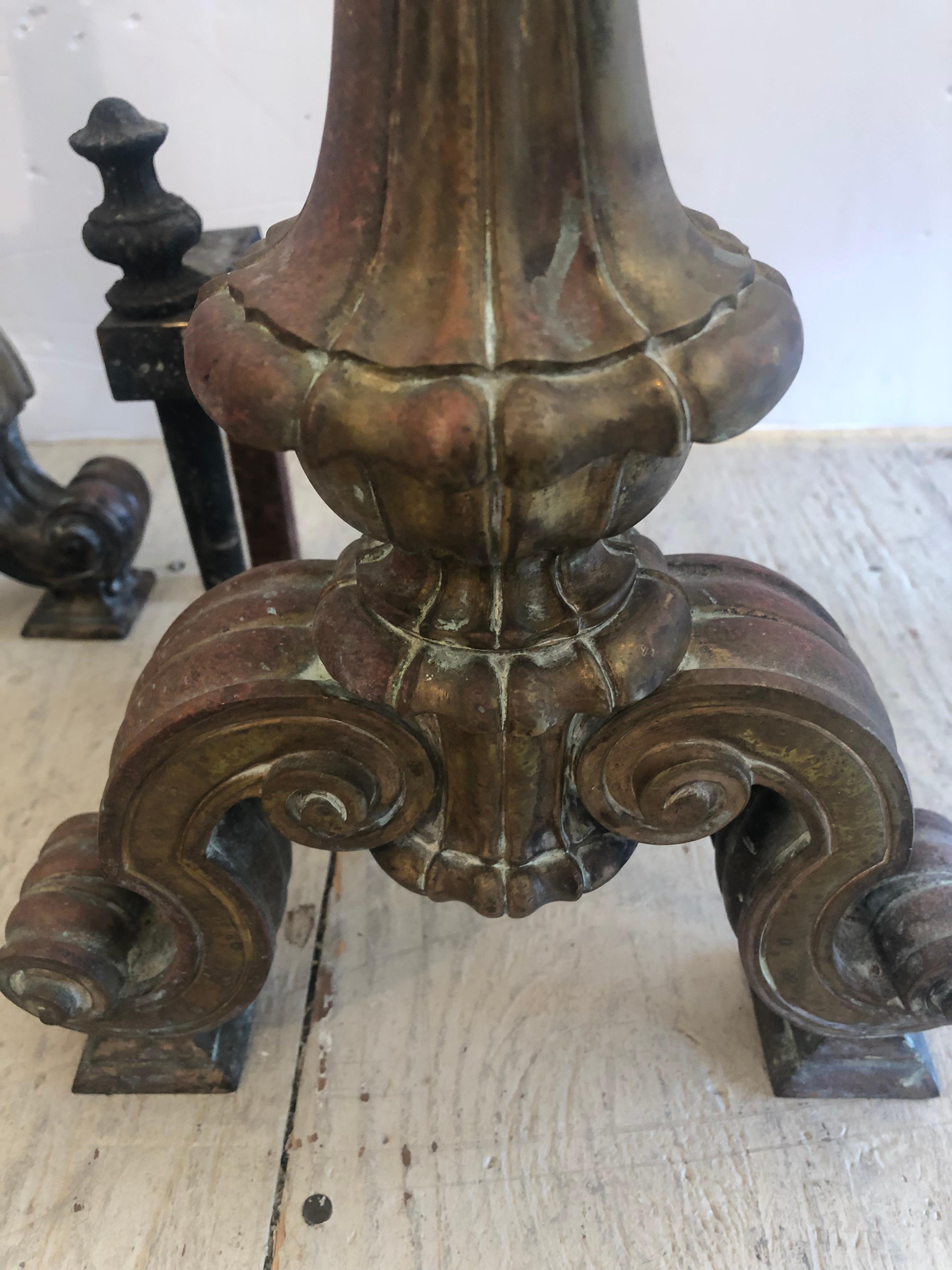 Gorgeous 19th Century Pair of Bronze Andirons Chenets For Sale 2