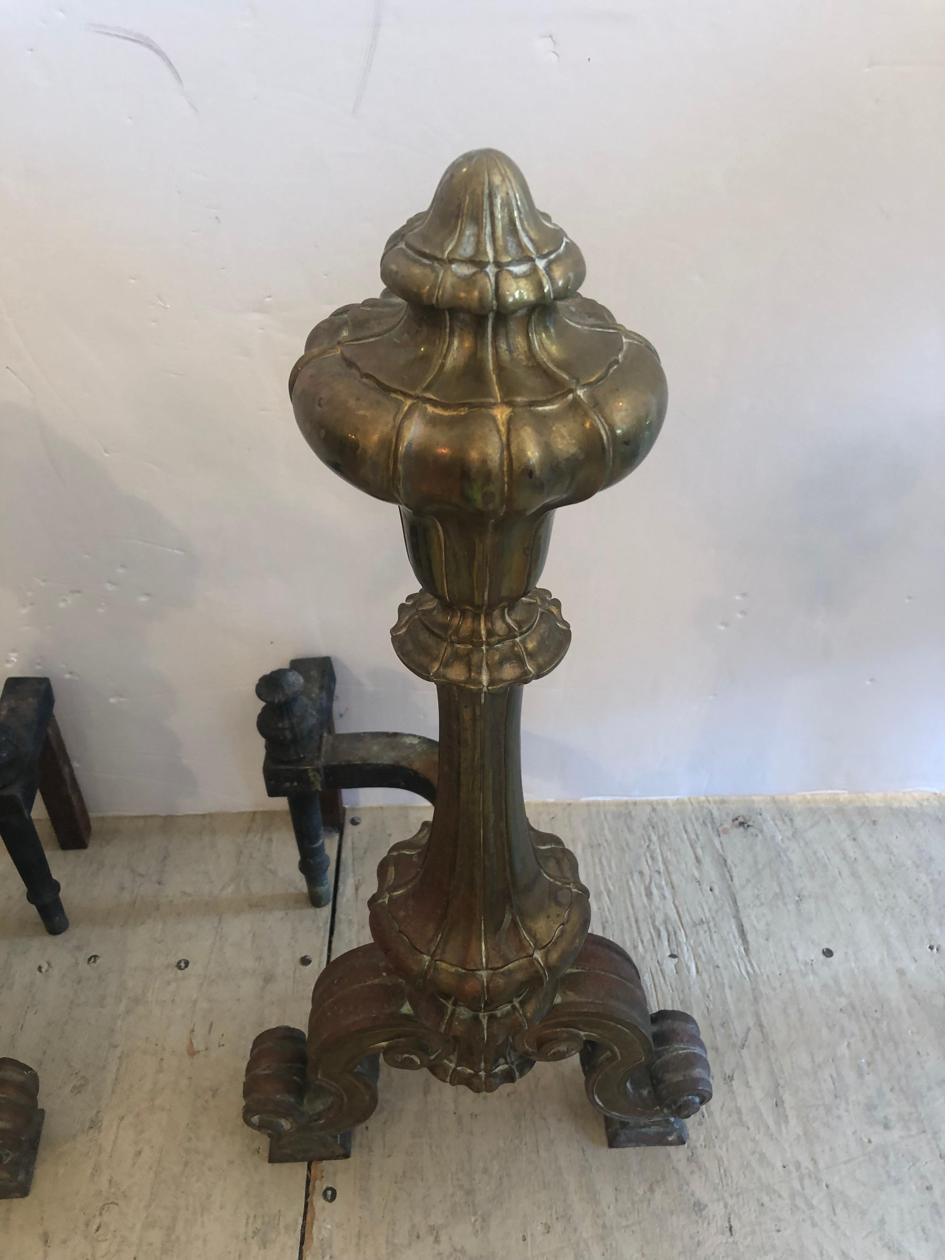 Gorgeous 19th Century Pair of Bronze Andirons Chenets For Sale 3