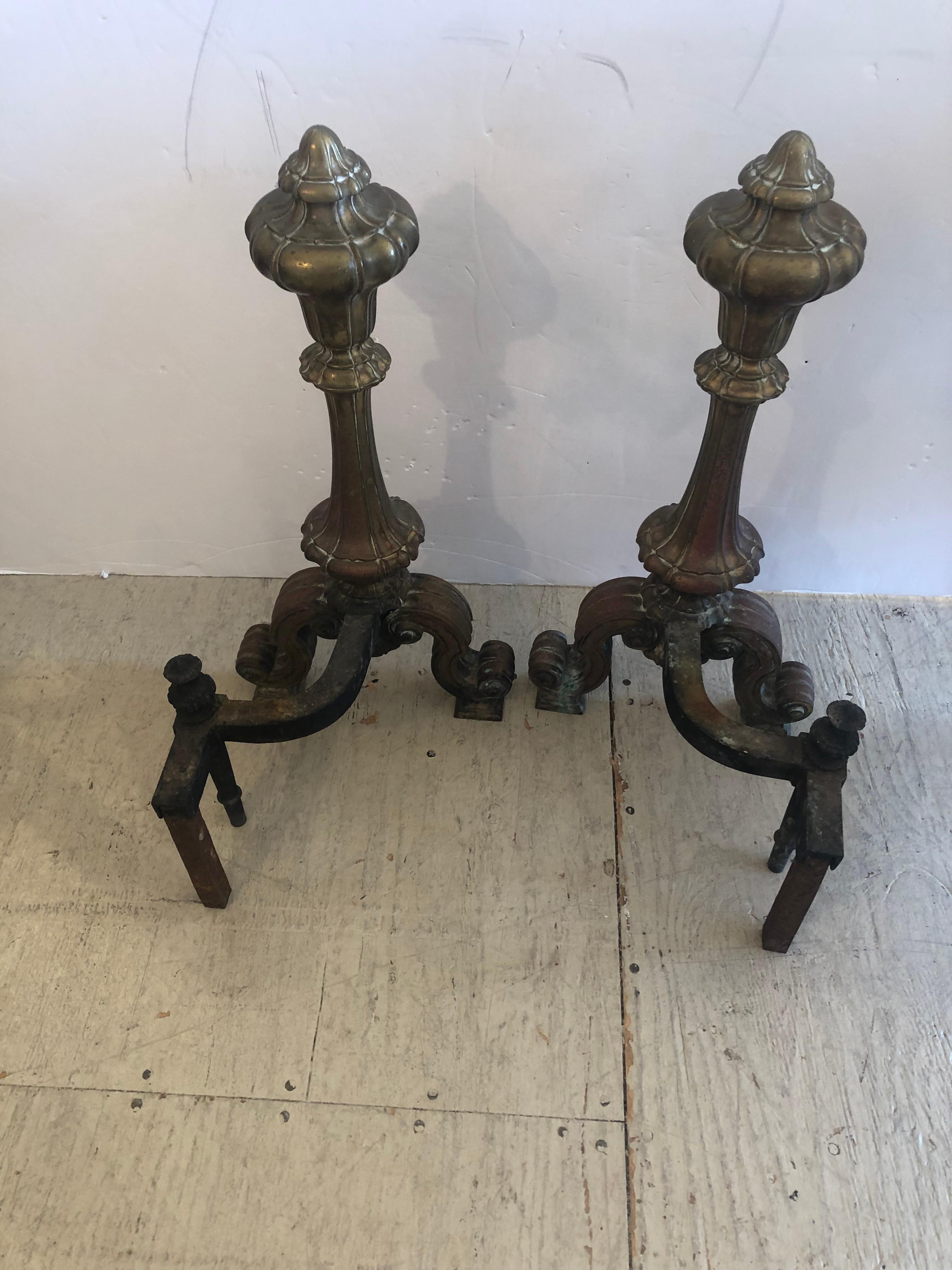 Gorgeous 19th Century Pair of Bronze Andirons Chenets For Sale 4